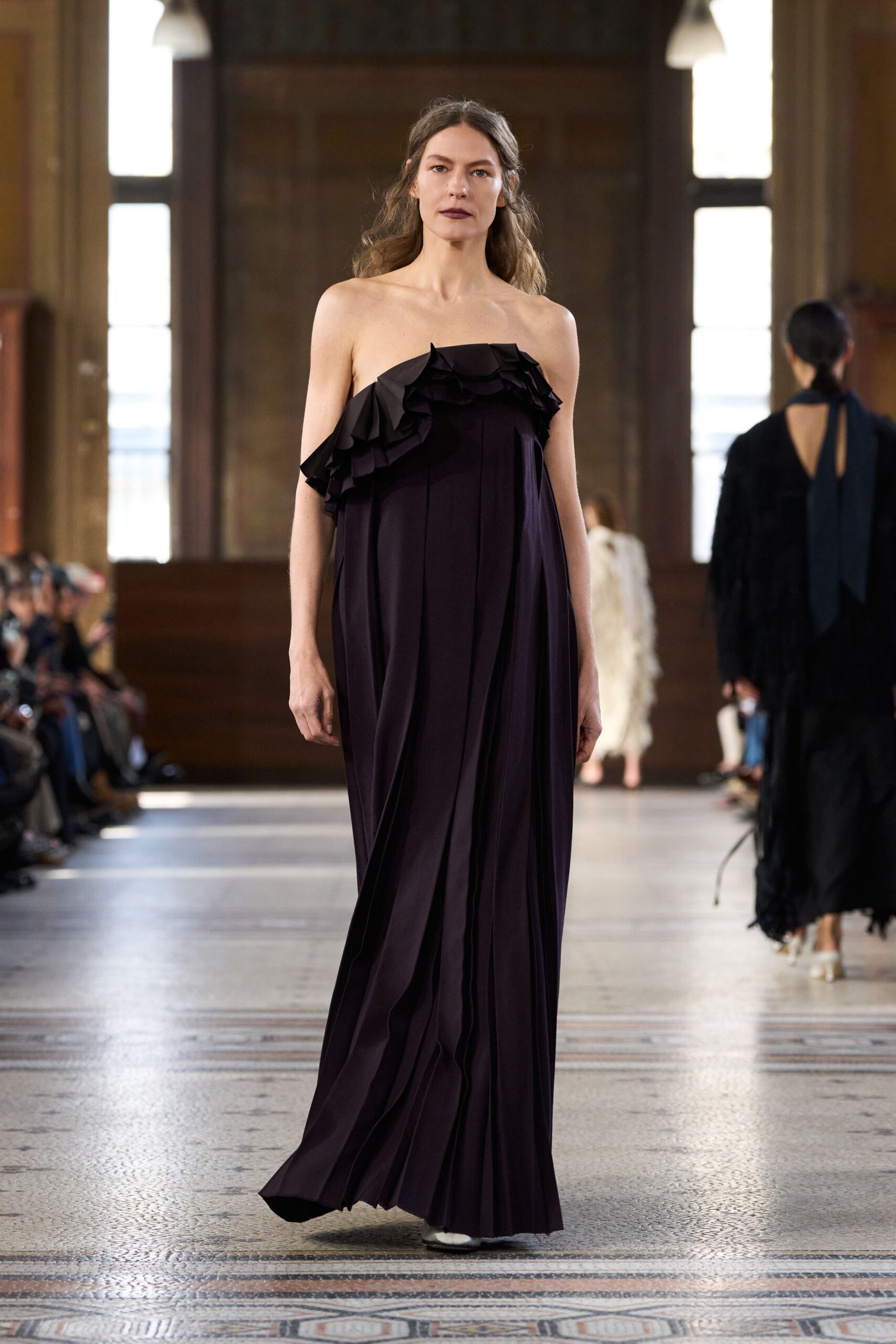 purple silk off-shoulder gown