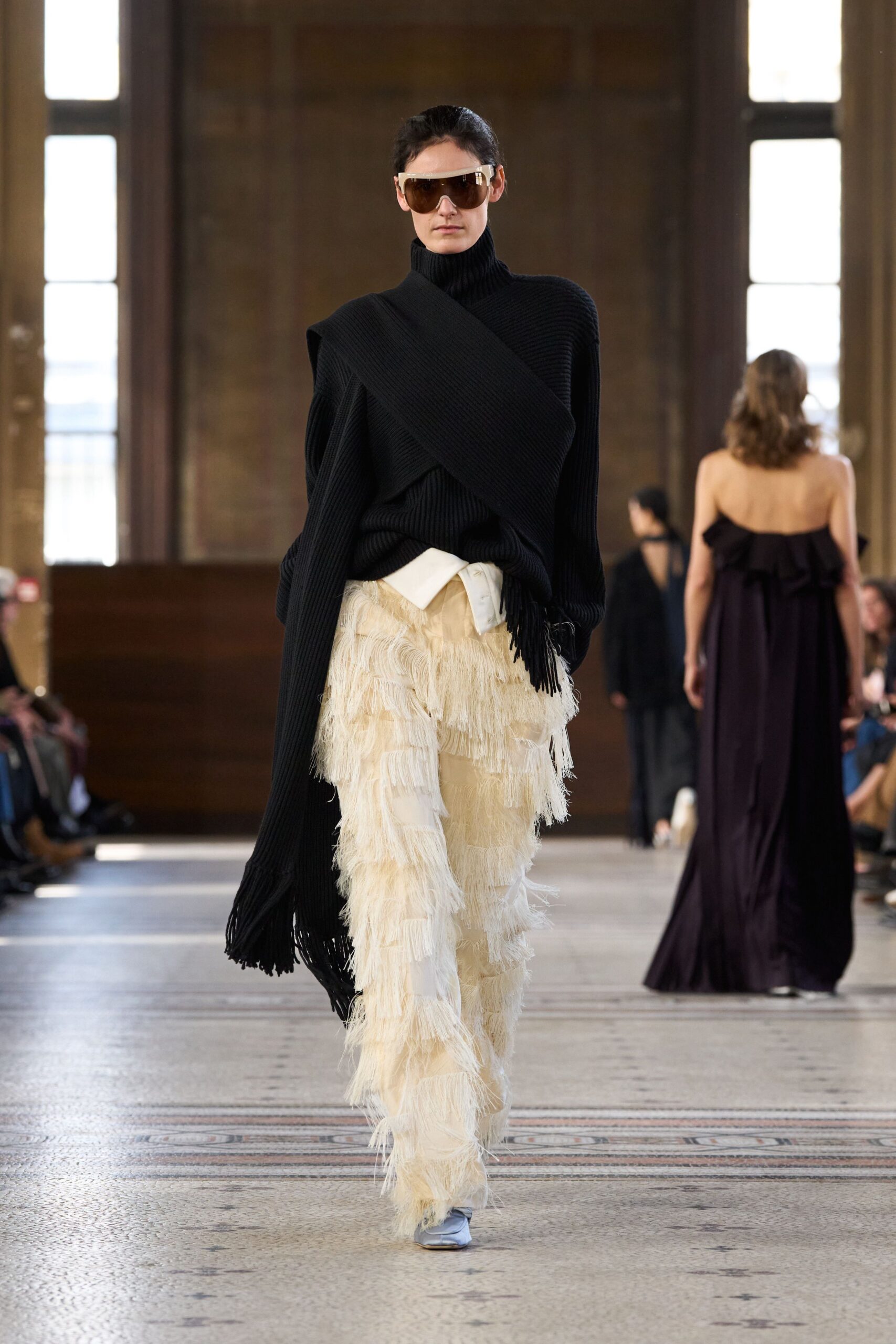 beige cotton relaxed fringed pants