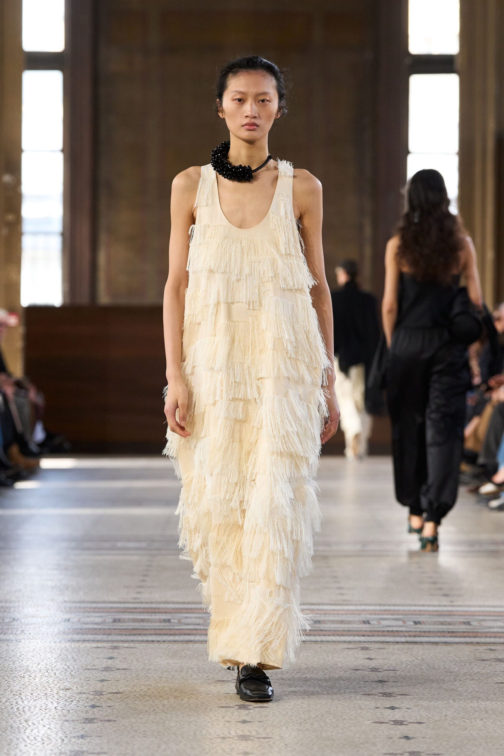 ivory silk sleeveless v-neck fitted fringed maxi dress
