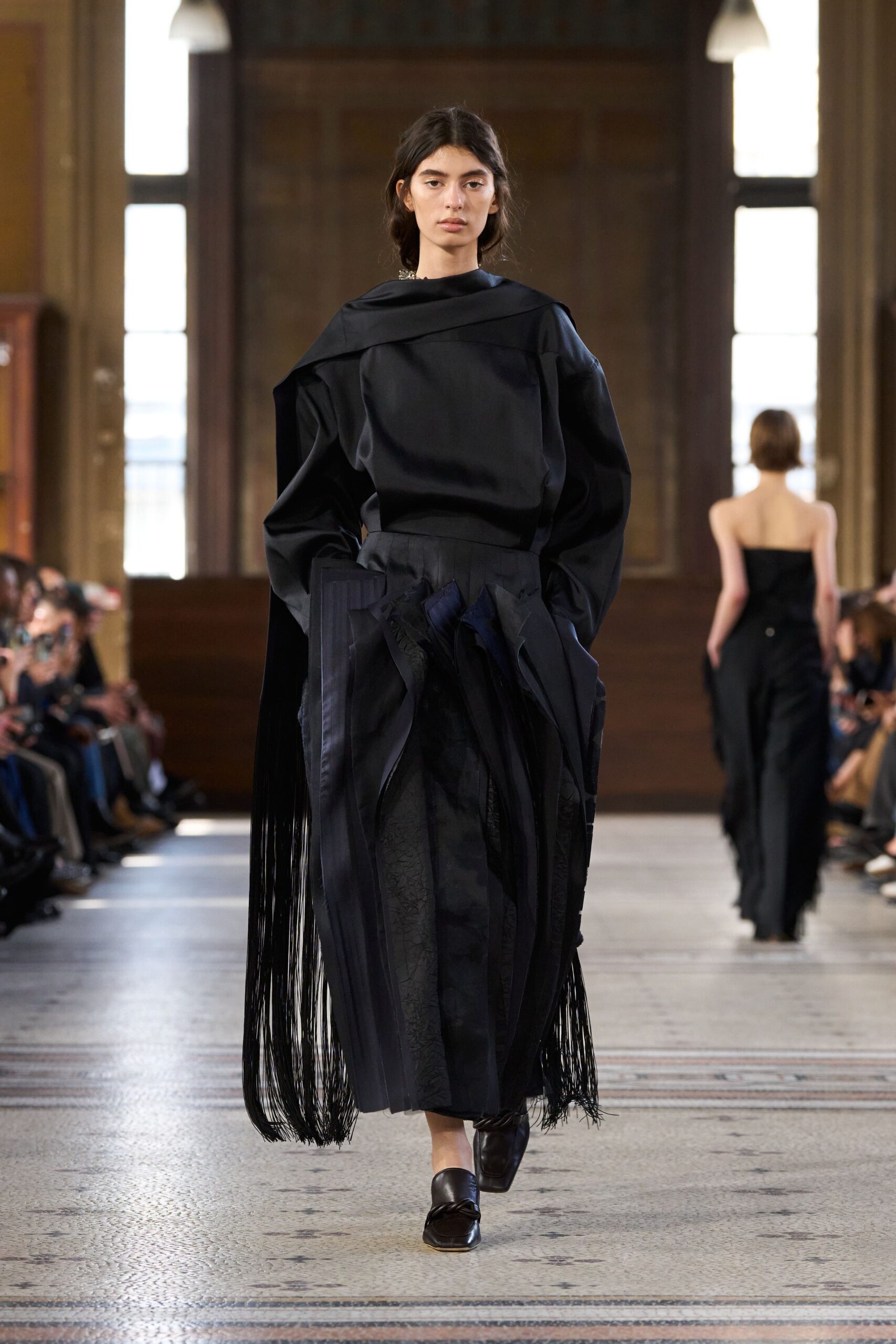 black silk long-sleeve high-neck fitted draped pleated dress