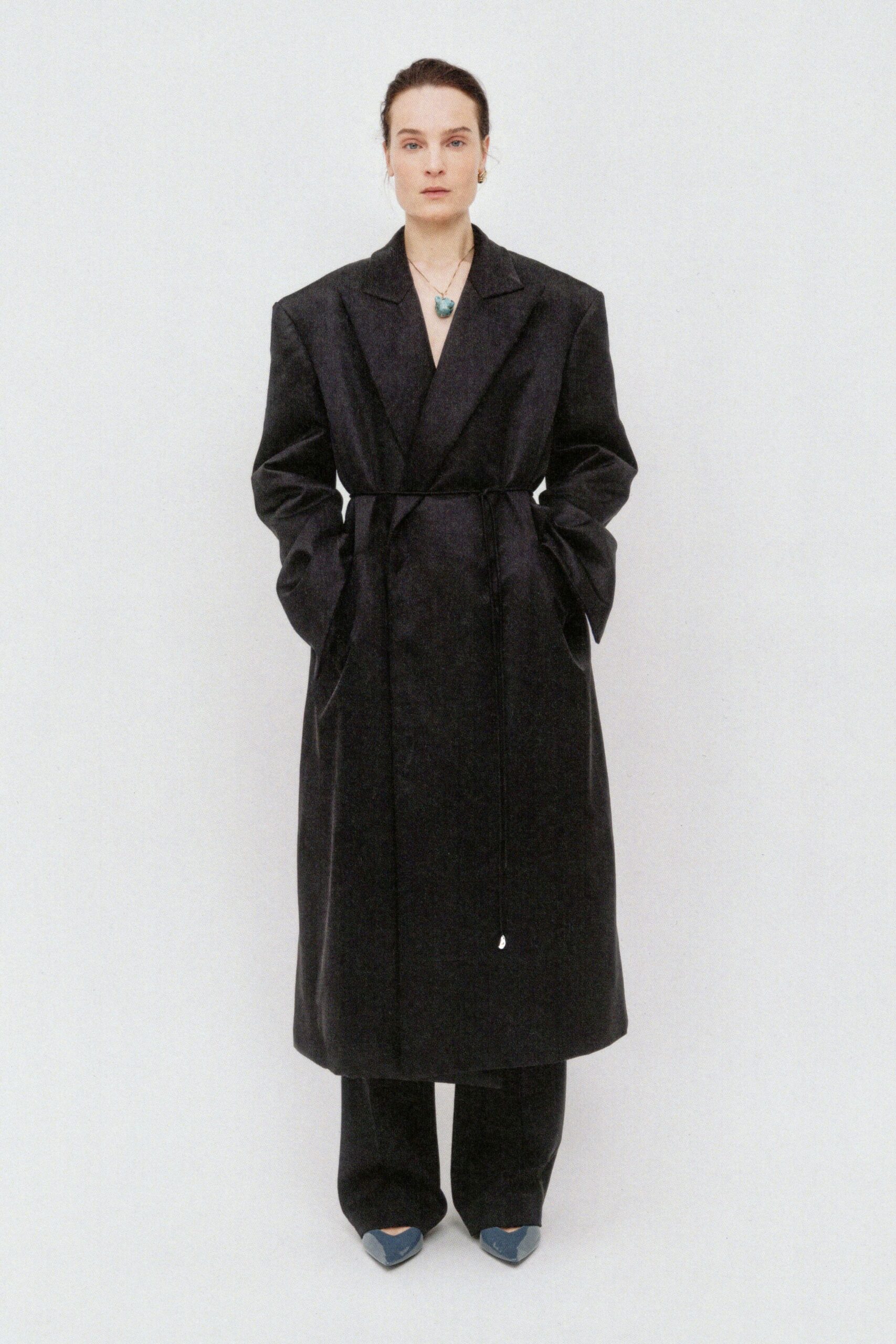 black wool long-sleeve tailored straight-leg pants