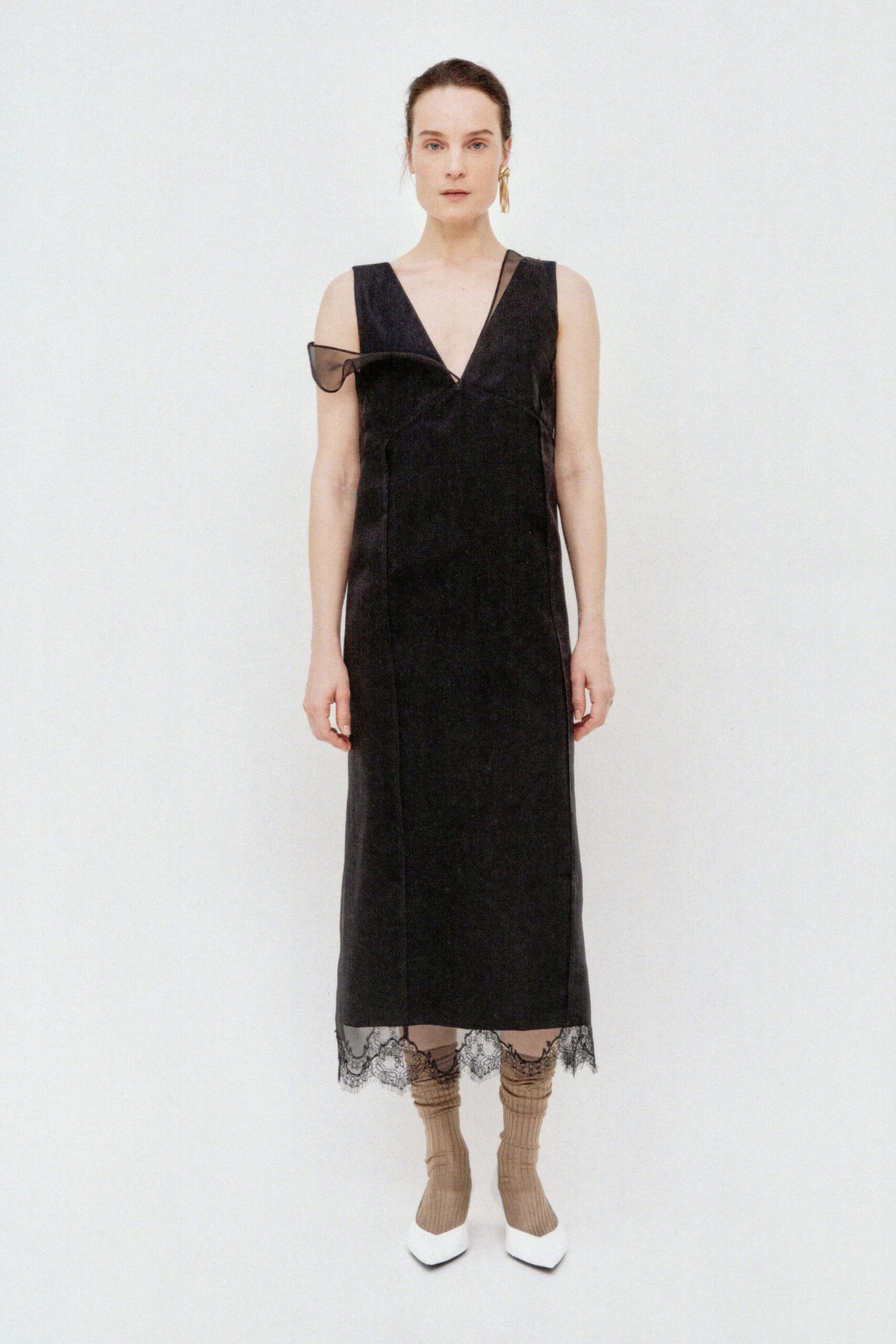 black silk sleeveless v-neck fitted layered embroidered dress