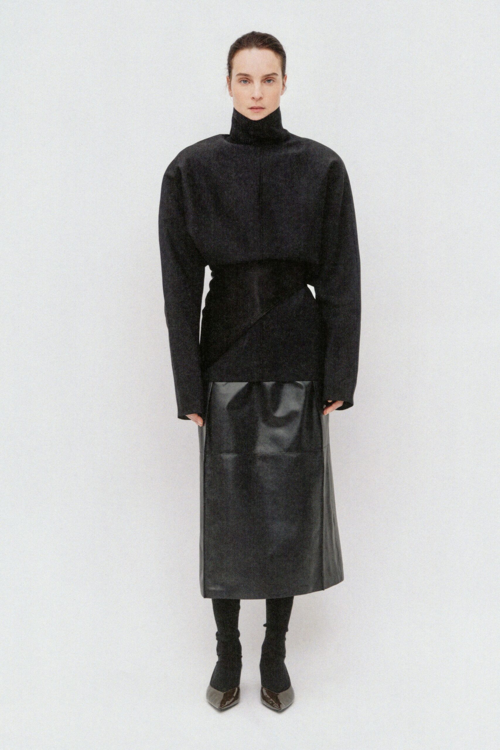 black cotton long-sleeve high-neck fitted midi dress