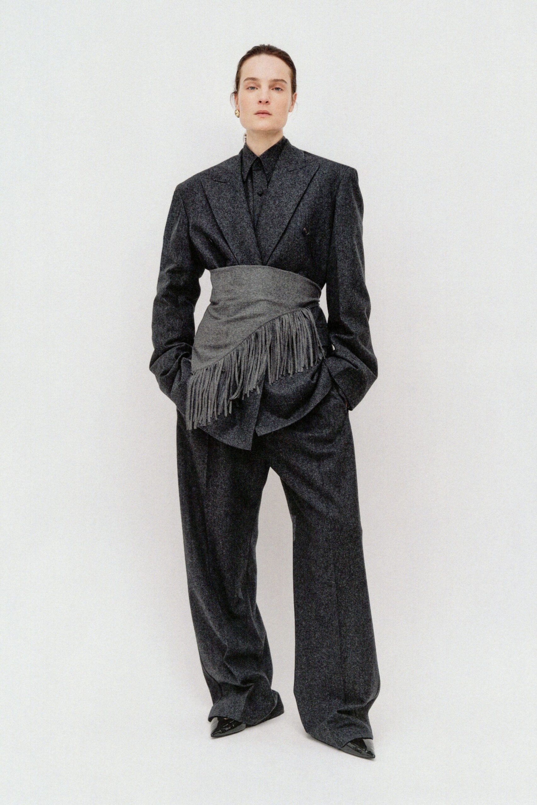 gray wool tailored wide-leg pants