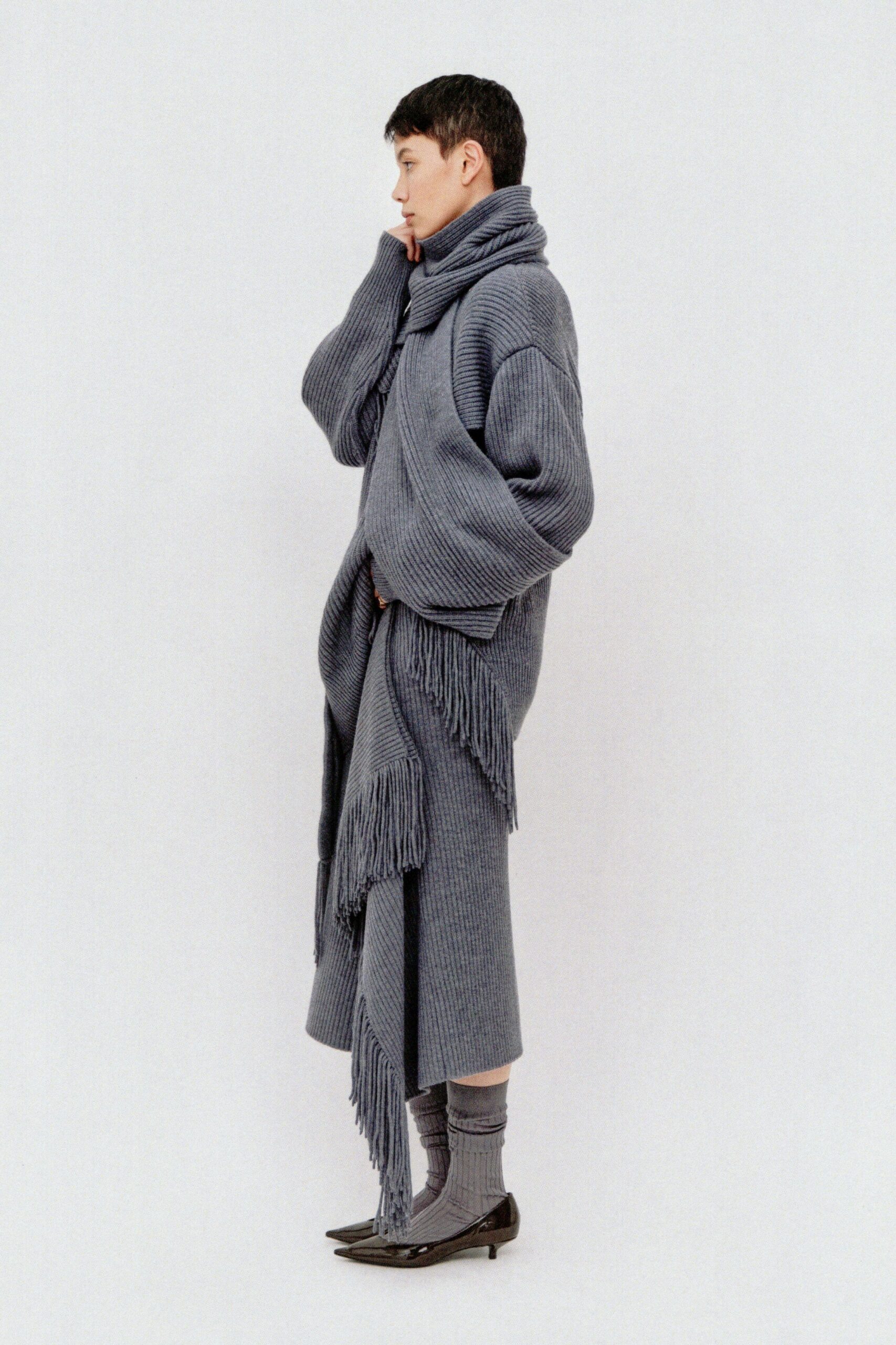 gray wool long-sleeve relaxed fringed midi coat