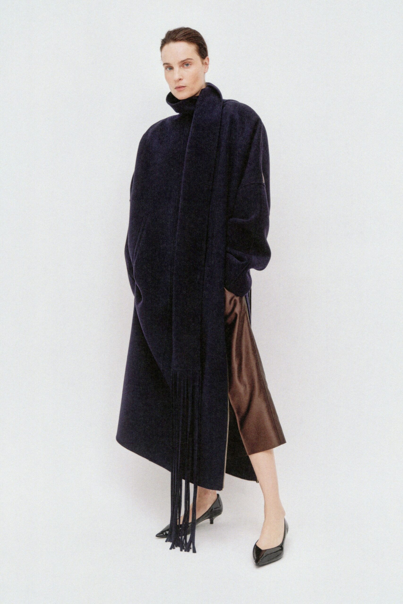 brown silk fitted straight-leg skirt