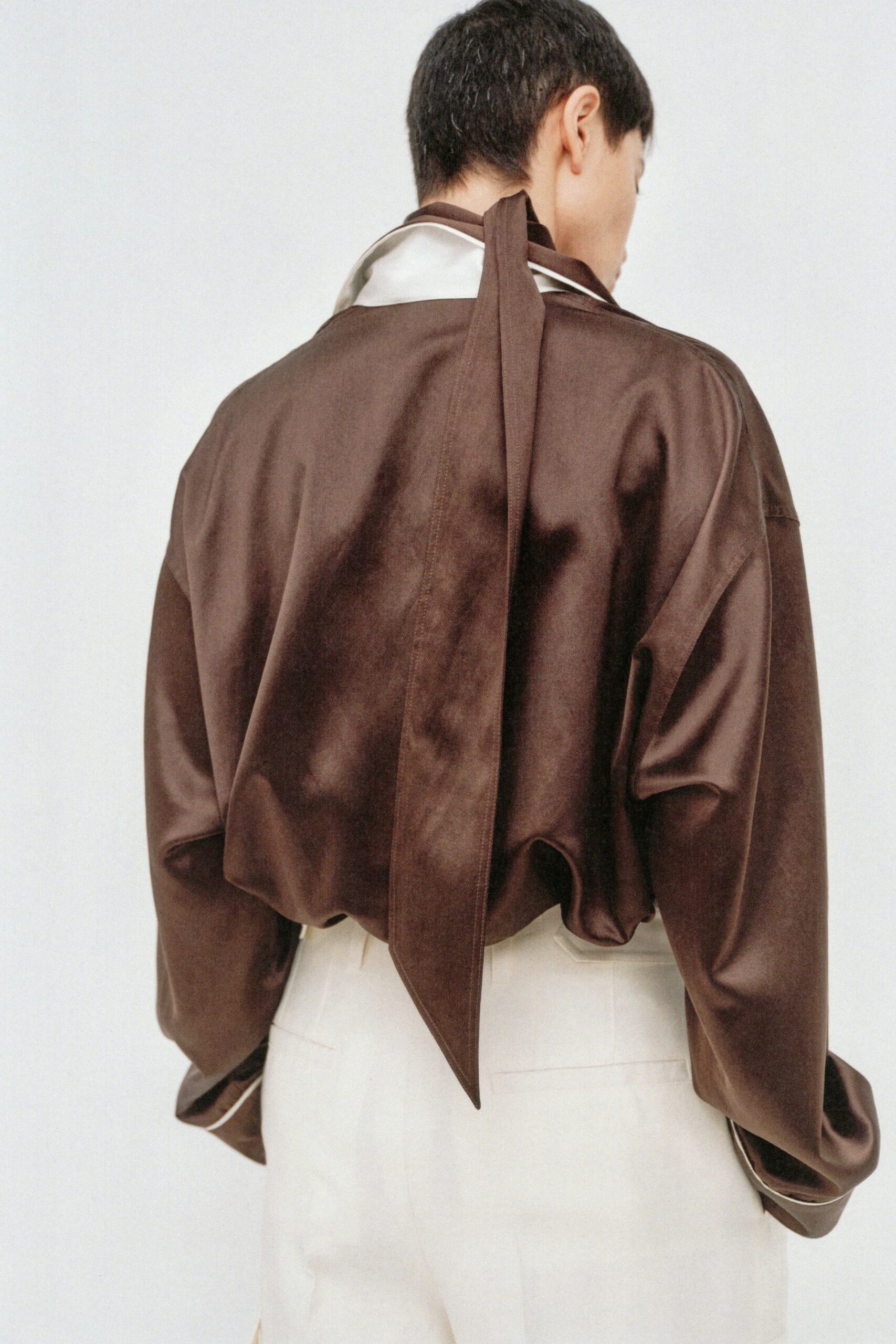 brown silk long-sleeve collared relaxed jacket