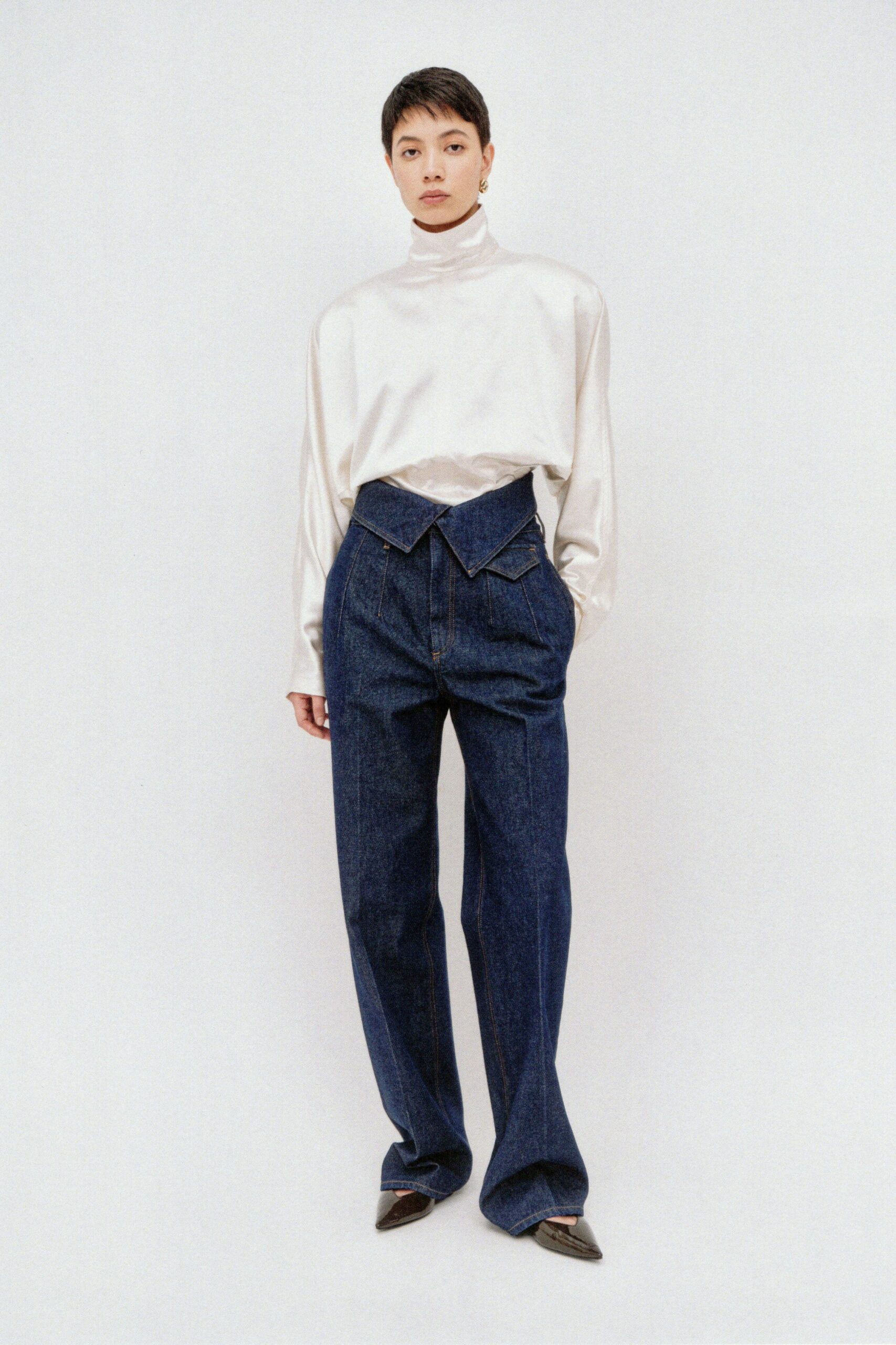 blue denim tailored wide-leg pants