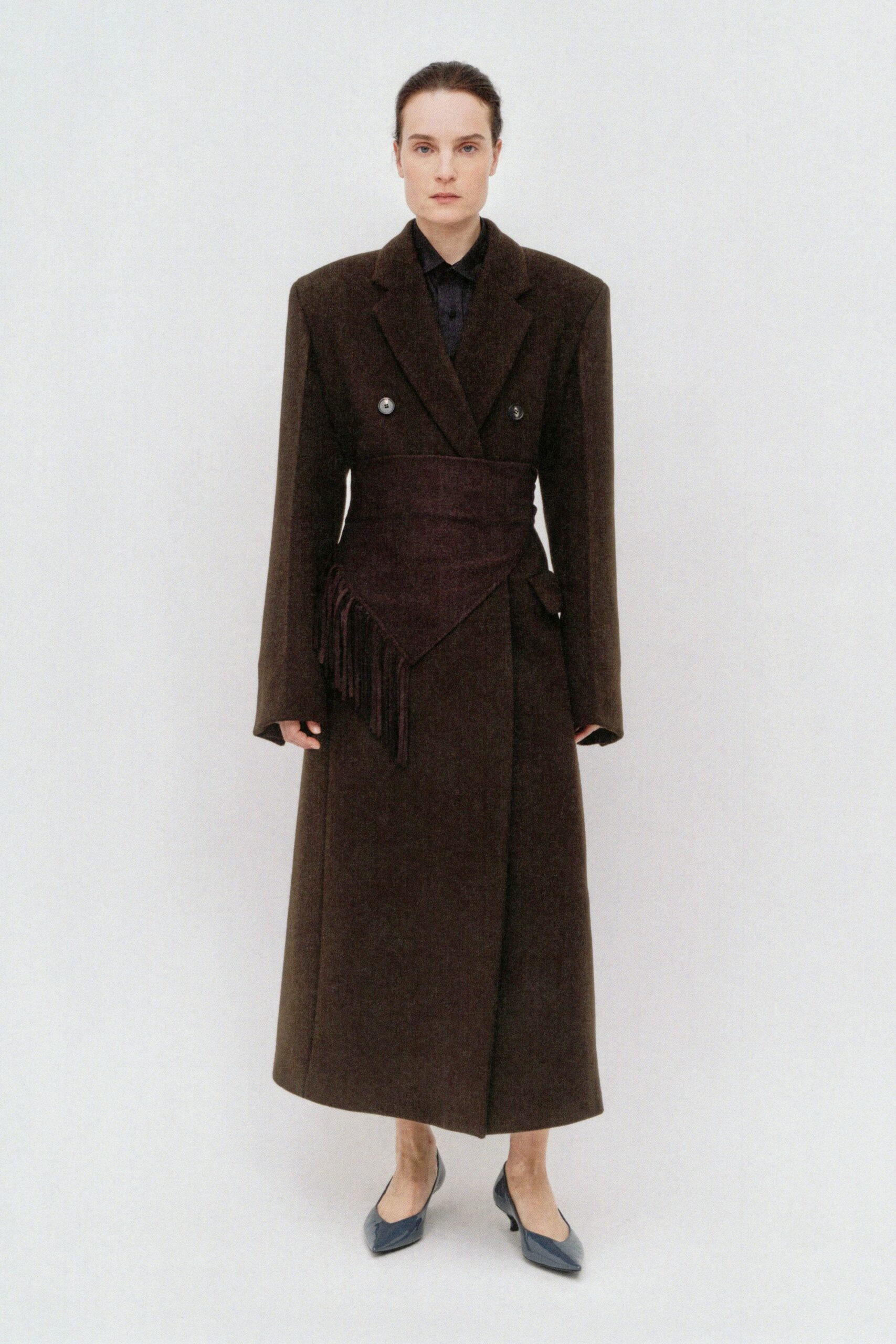brown wool long-sleeve double-breasted tailored fringed maxi coat