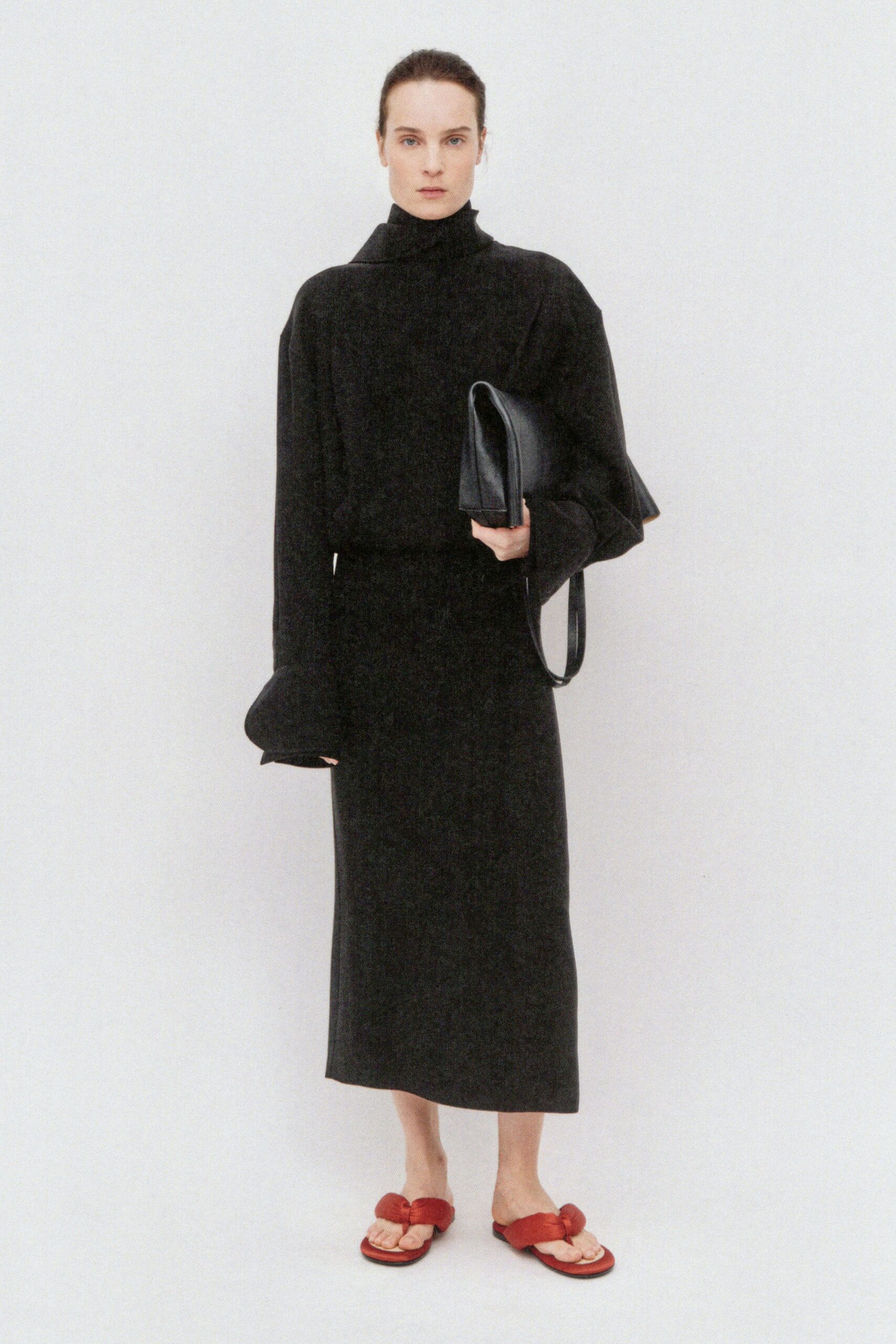 black wool long-sleeve high-neck fitted straight-leg midi dress