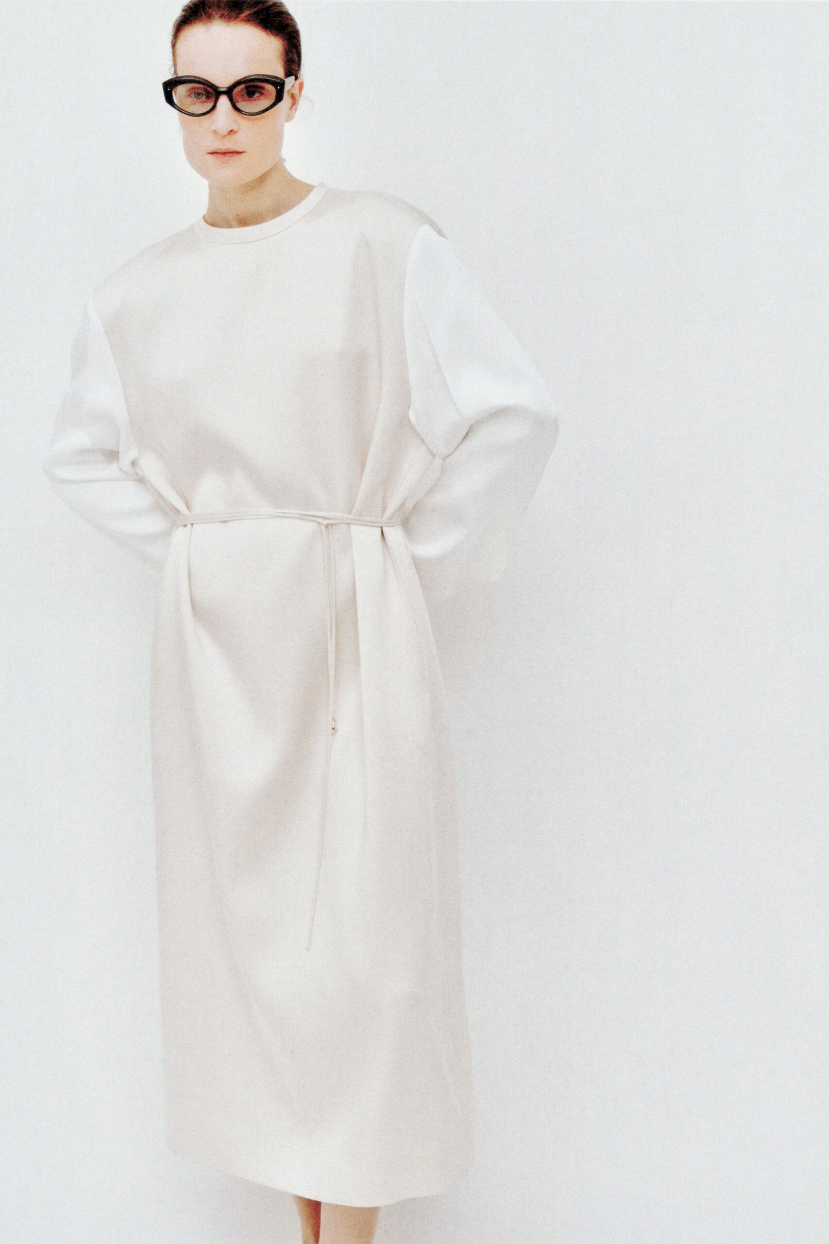 white cotton long-sleeve collared relaxed belted midi dress