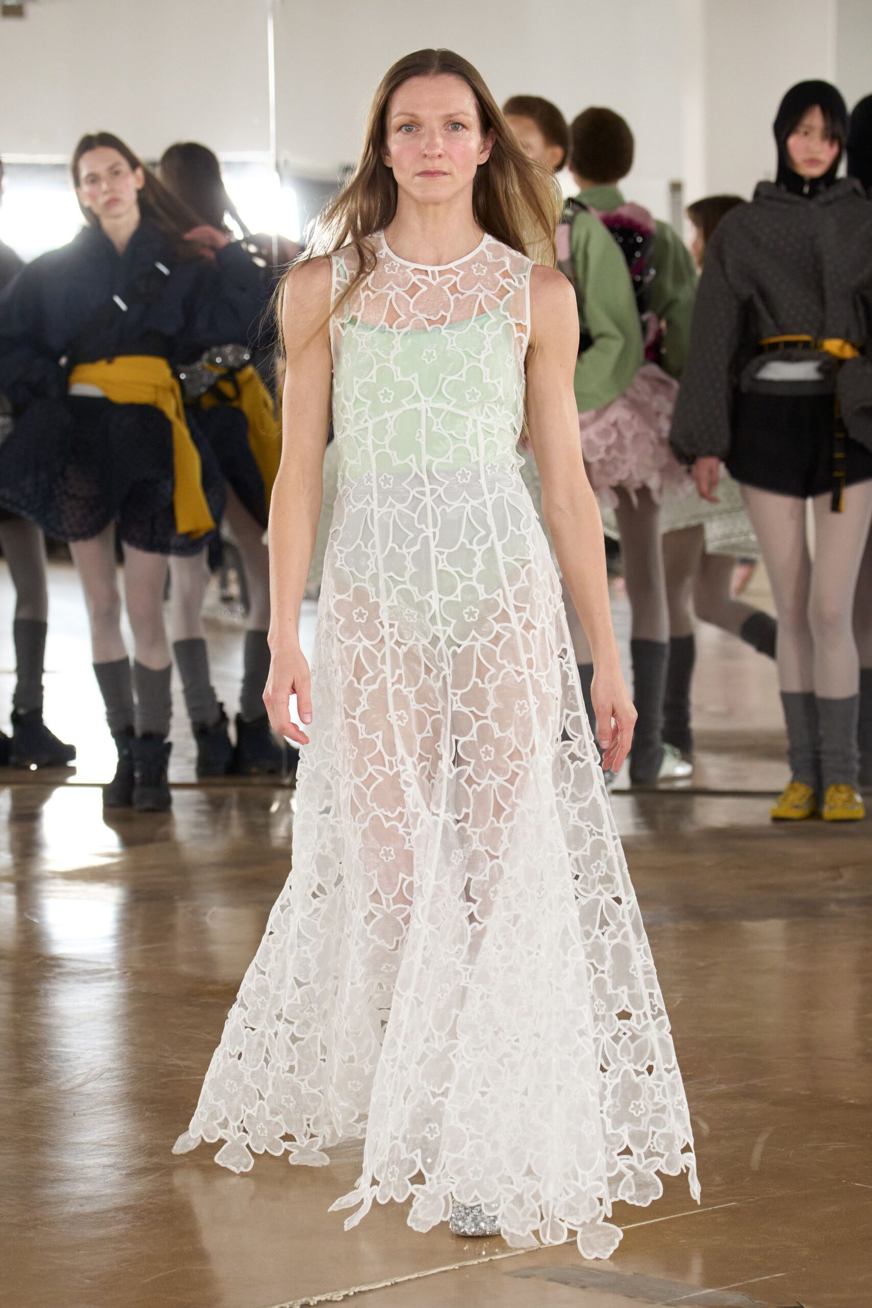 white lace embroidered gown