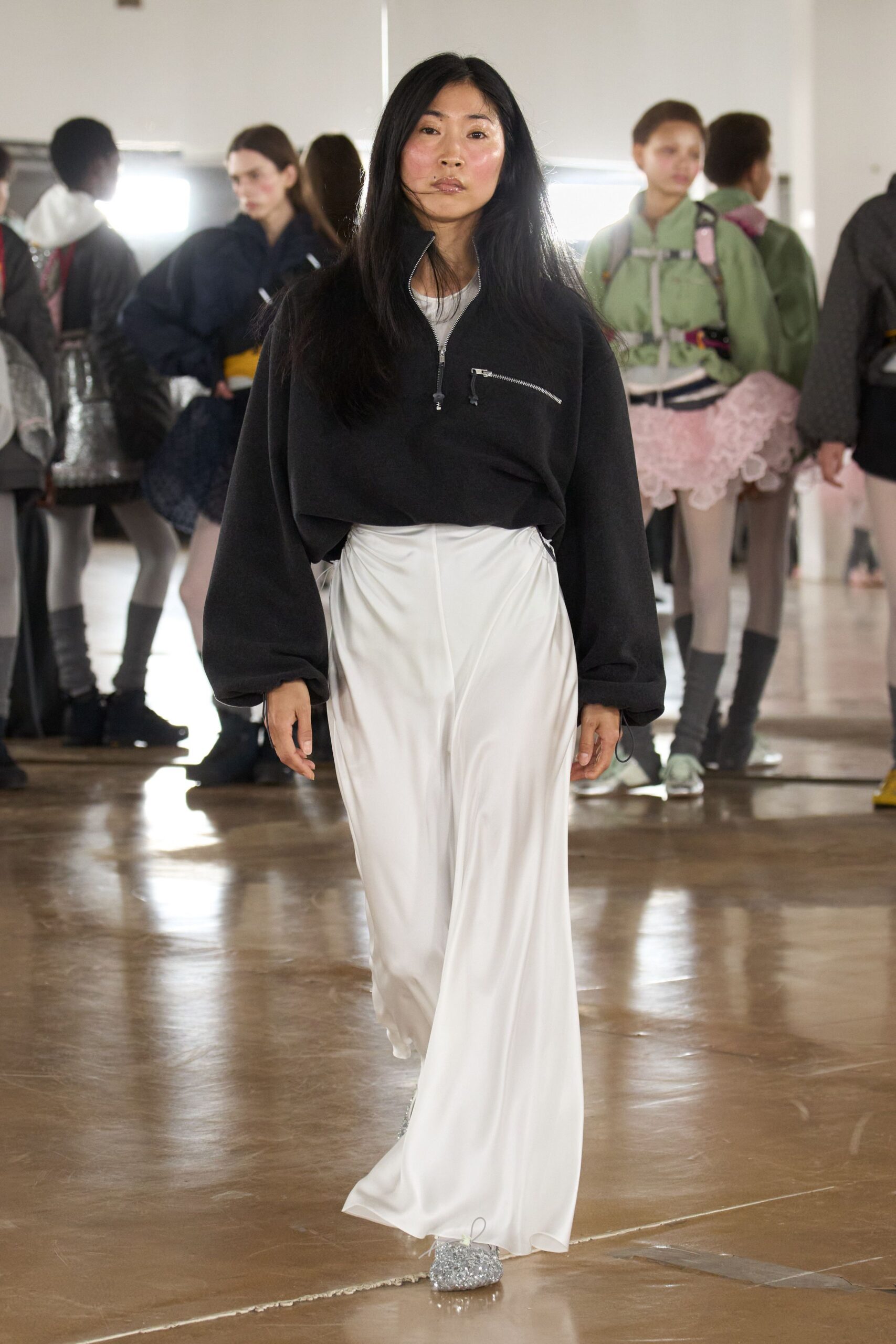 white silk fitted high-waisted wide-leg pants