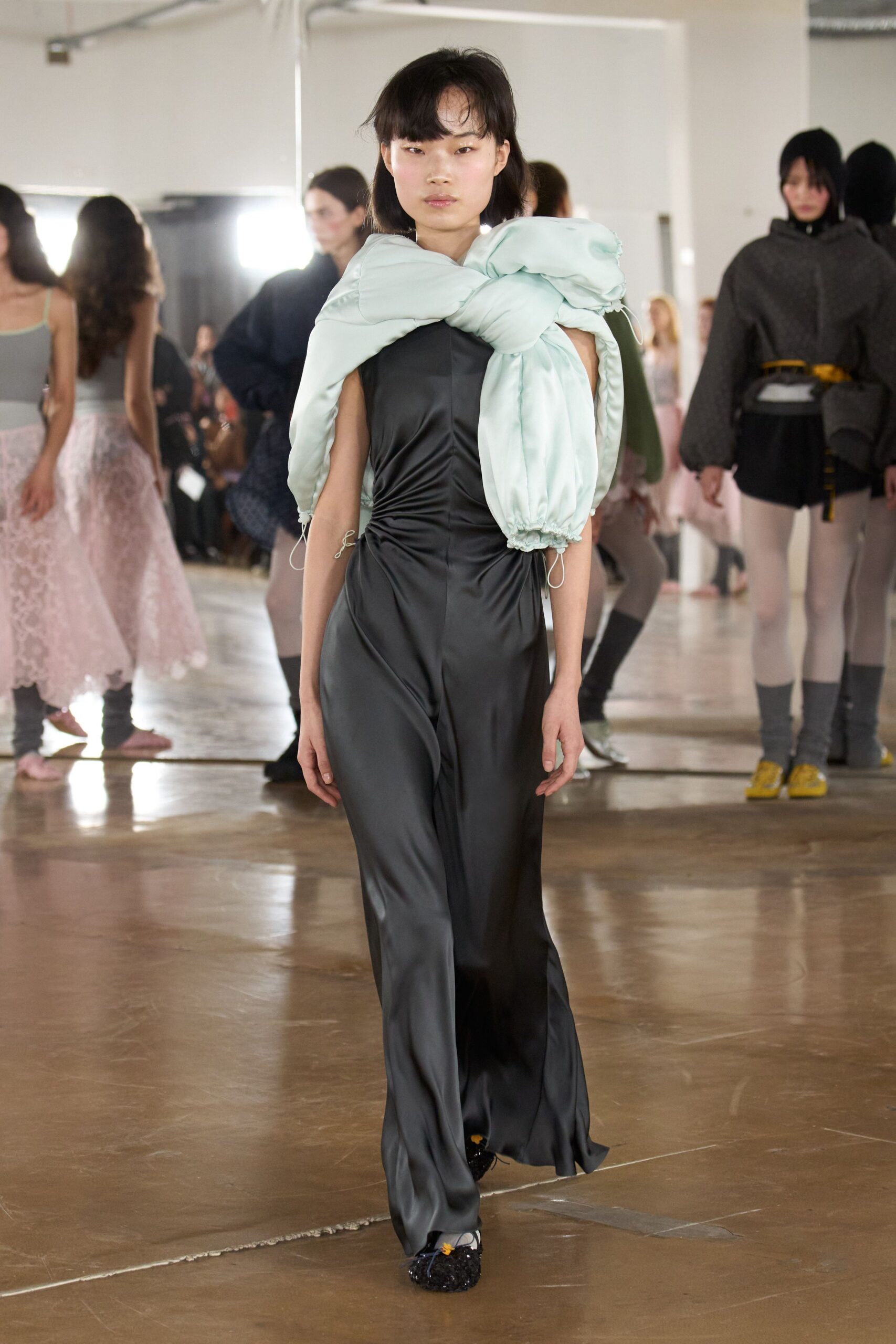black silk fitted maxi dress with mint jacket
