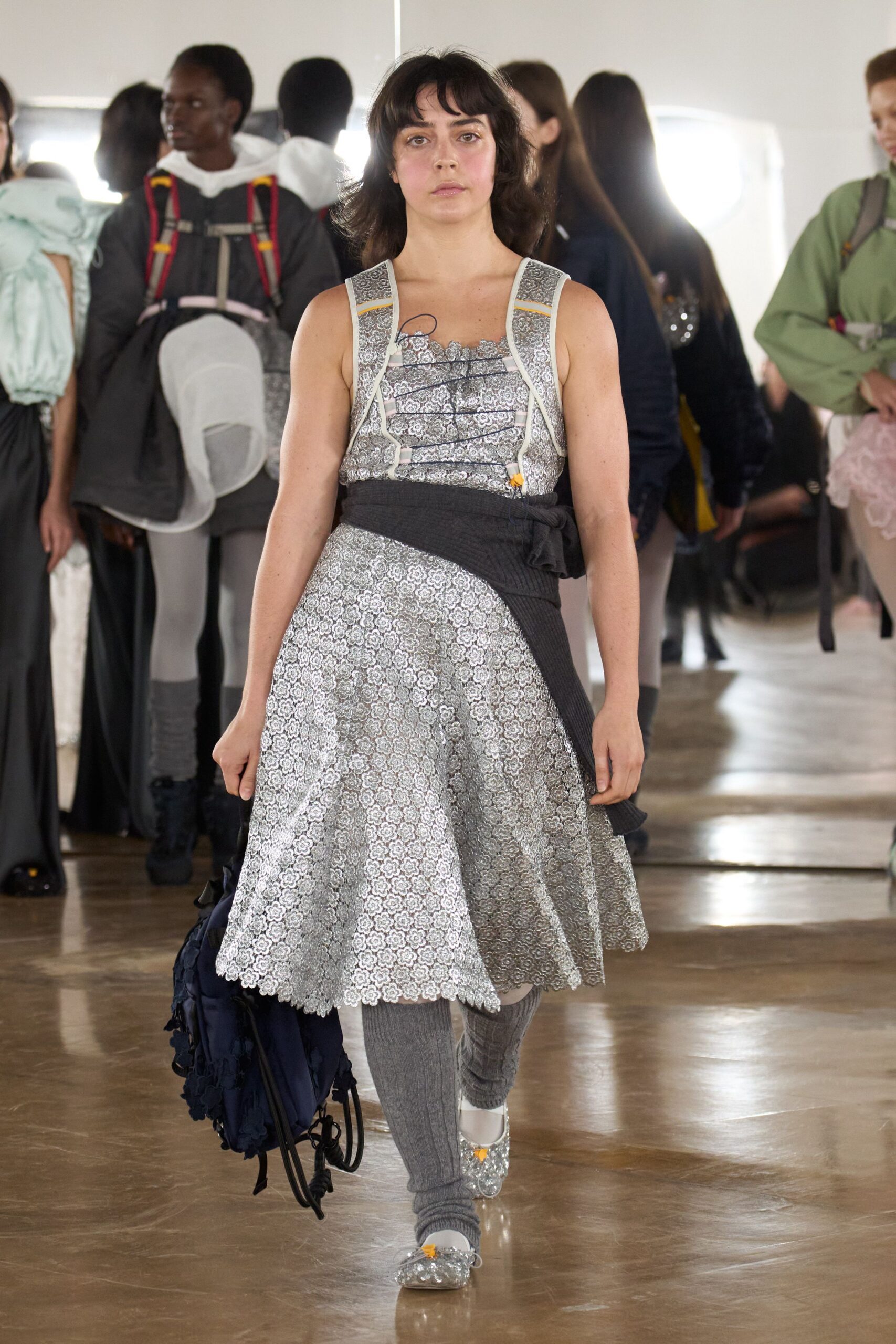 gray silk sleeveless v-neck fitted pleated embroidered dress