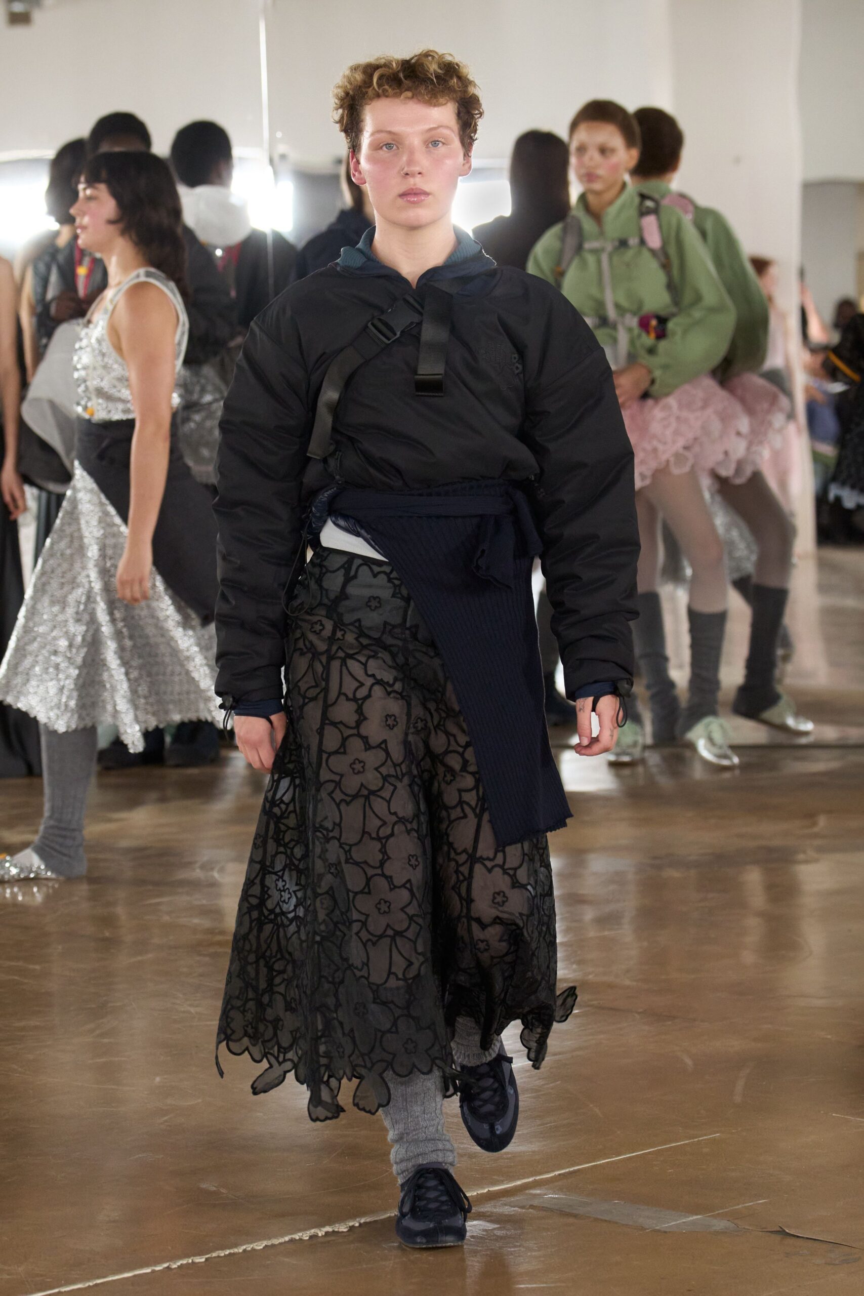 black lace long-sleeve fitted tiered sheer maxi skirt