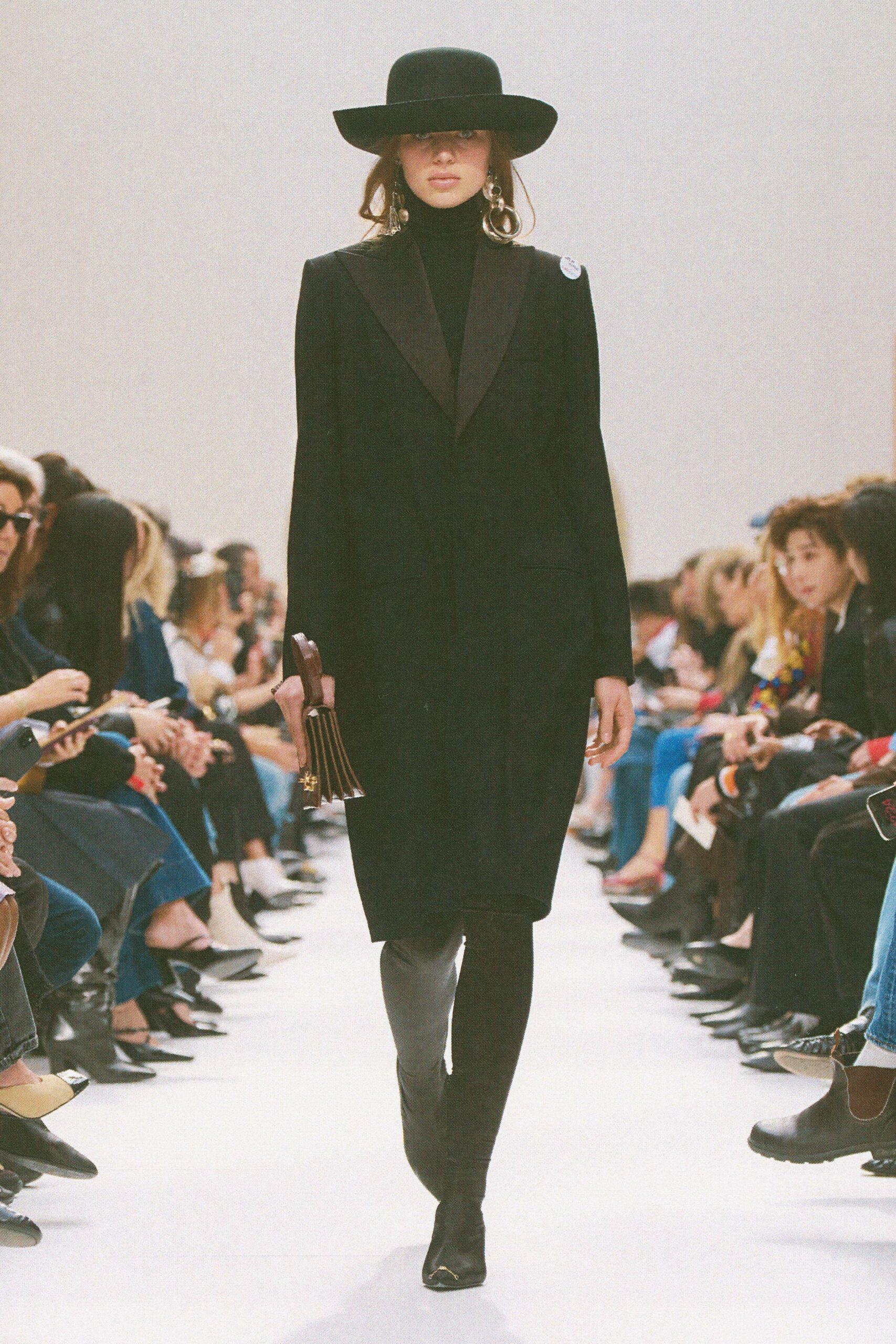 black wool long-sleeve high-neck fitted structured midi dress