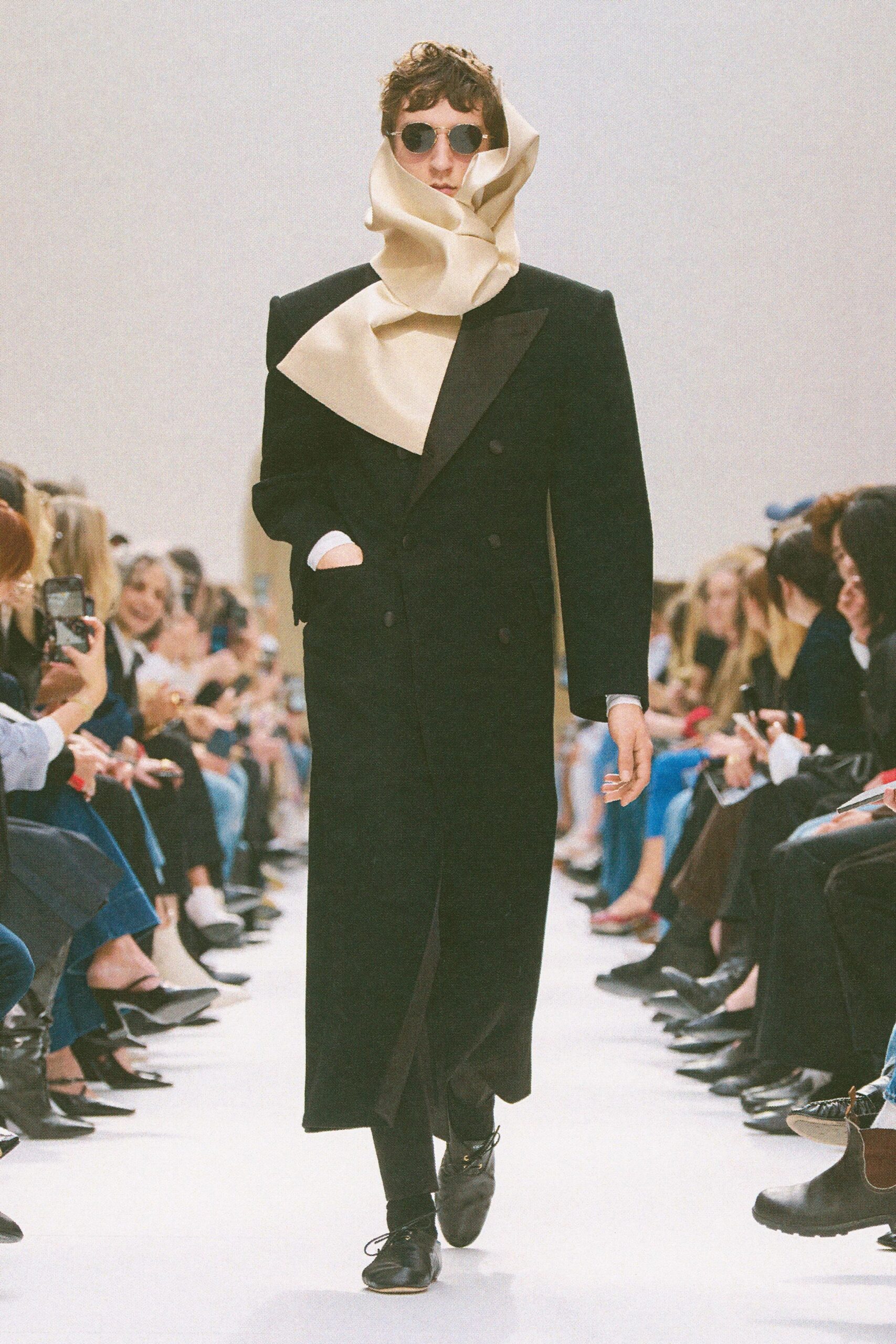 black wool long-sleeve double-breasted relaxed draped maxi coat