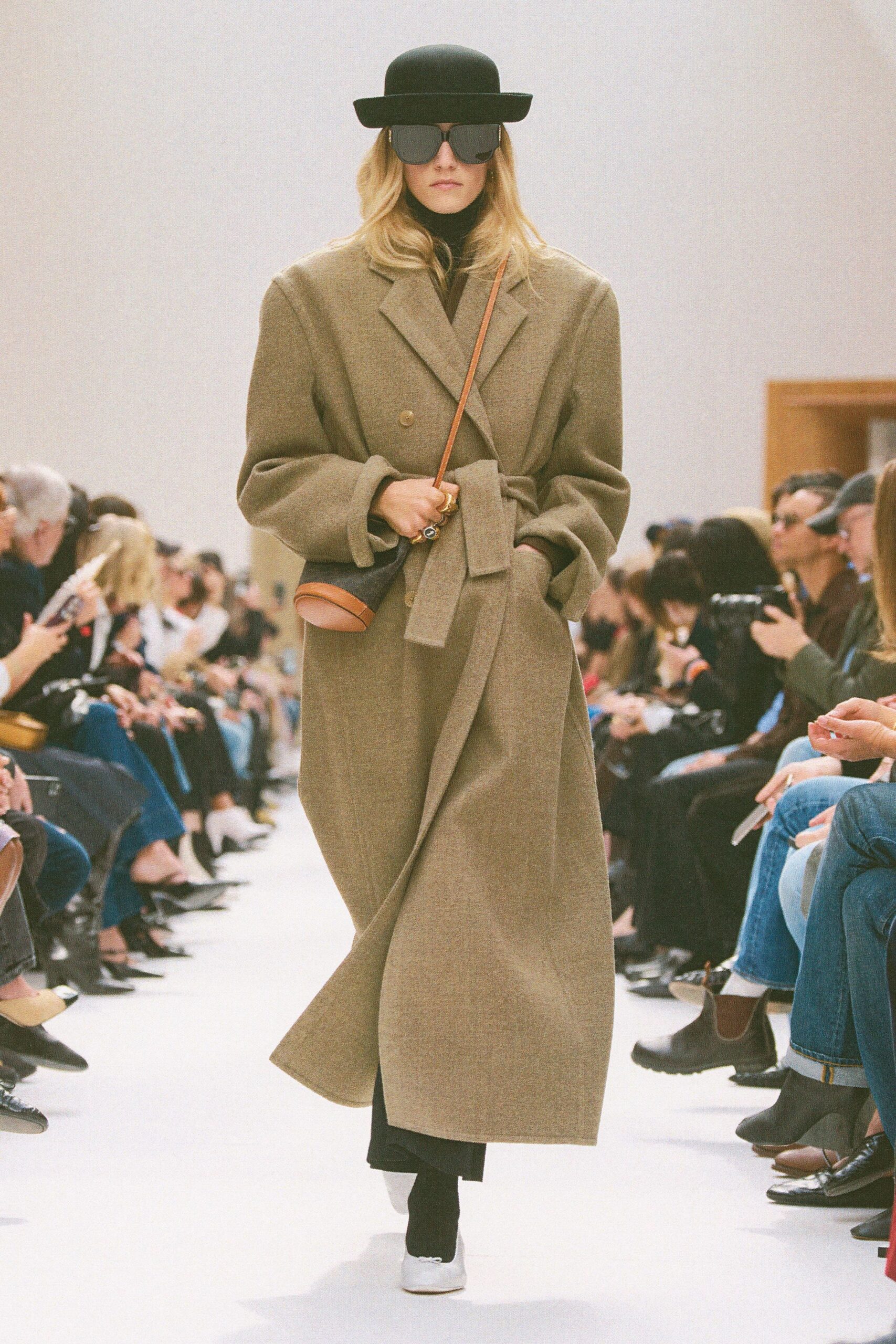 beige wool long-sleeve collared relaxed belted maxi coat