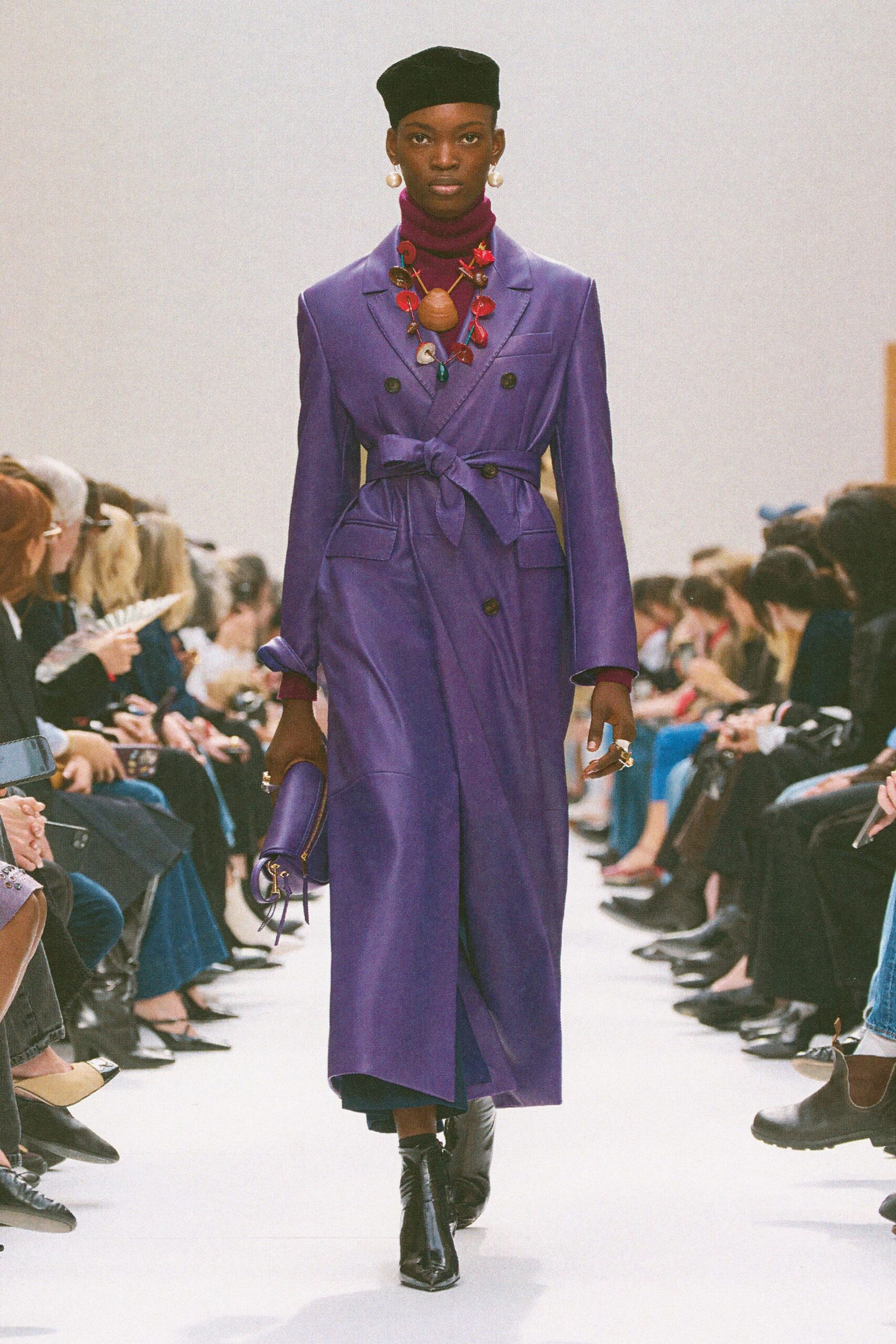 purple leather long-sleeve collared fitted belted maxi coat