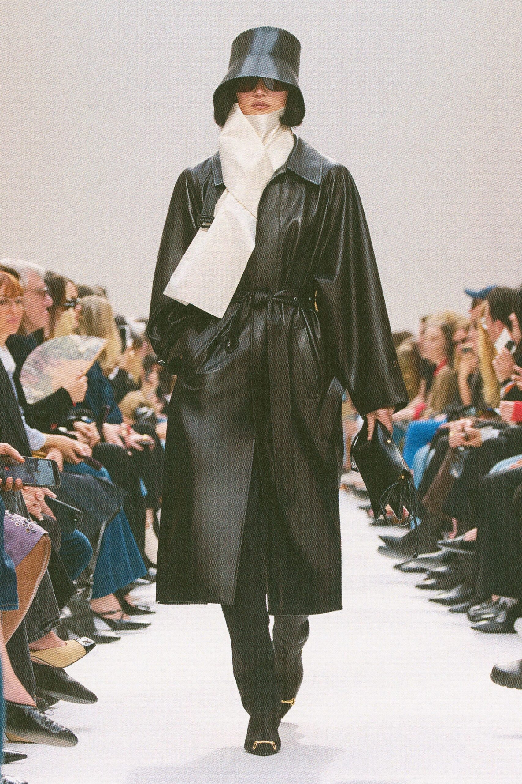 black leather long-sleeve collared fitted belted coat