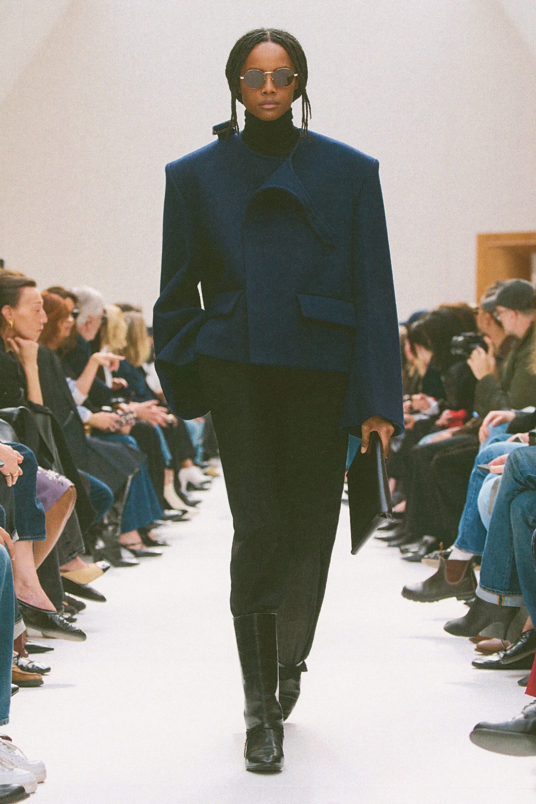 blue wool long-sleeve collared structured jacket