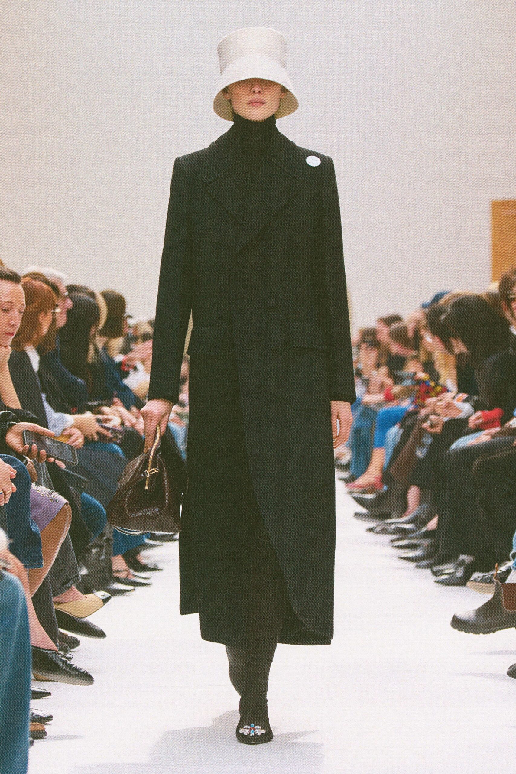 black wool long-sleeve collared fitted buttoned maxi coat