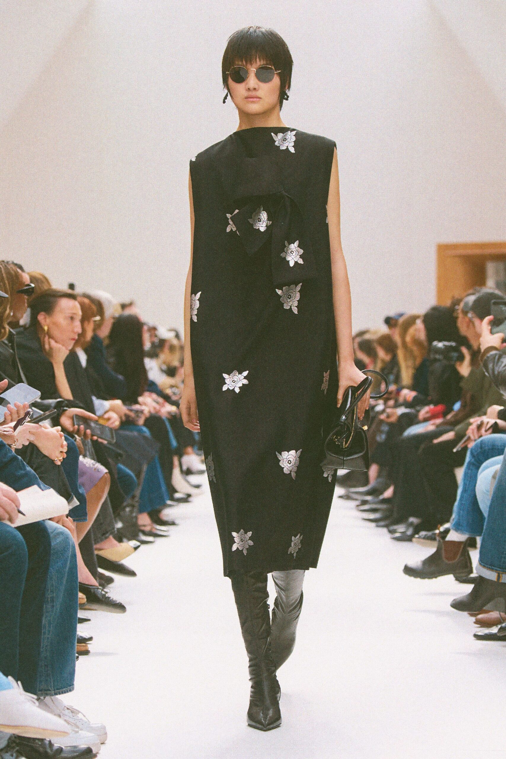 black silk sleeveless high-neck fitted embroidered midi dress