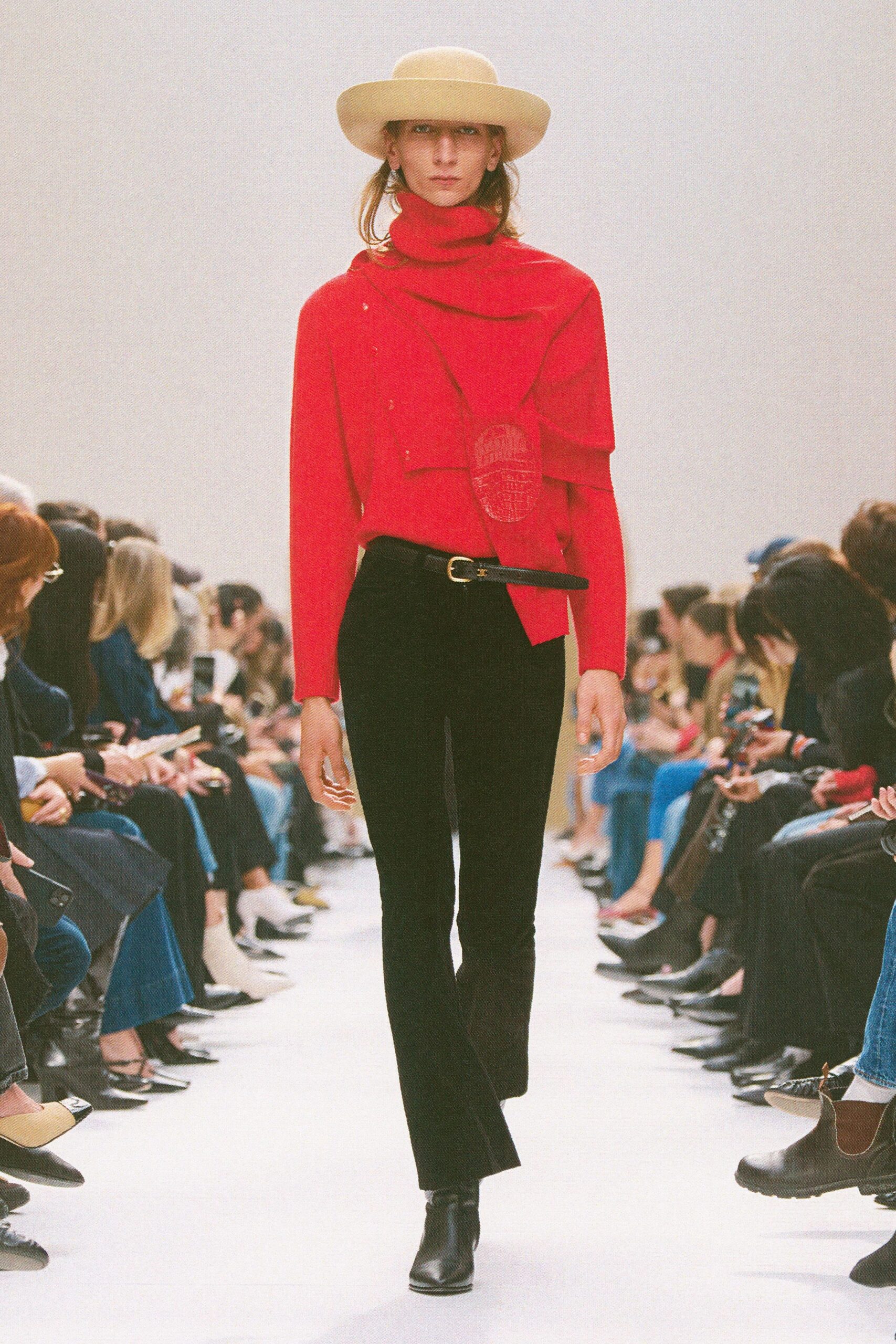 red cotton long-sleeve high-neck fitted layered top