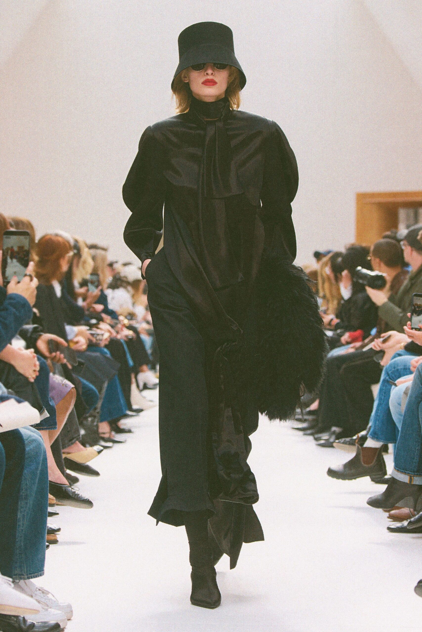 black silk long-sleeve collared fitted draped zippered dress