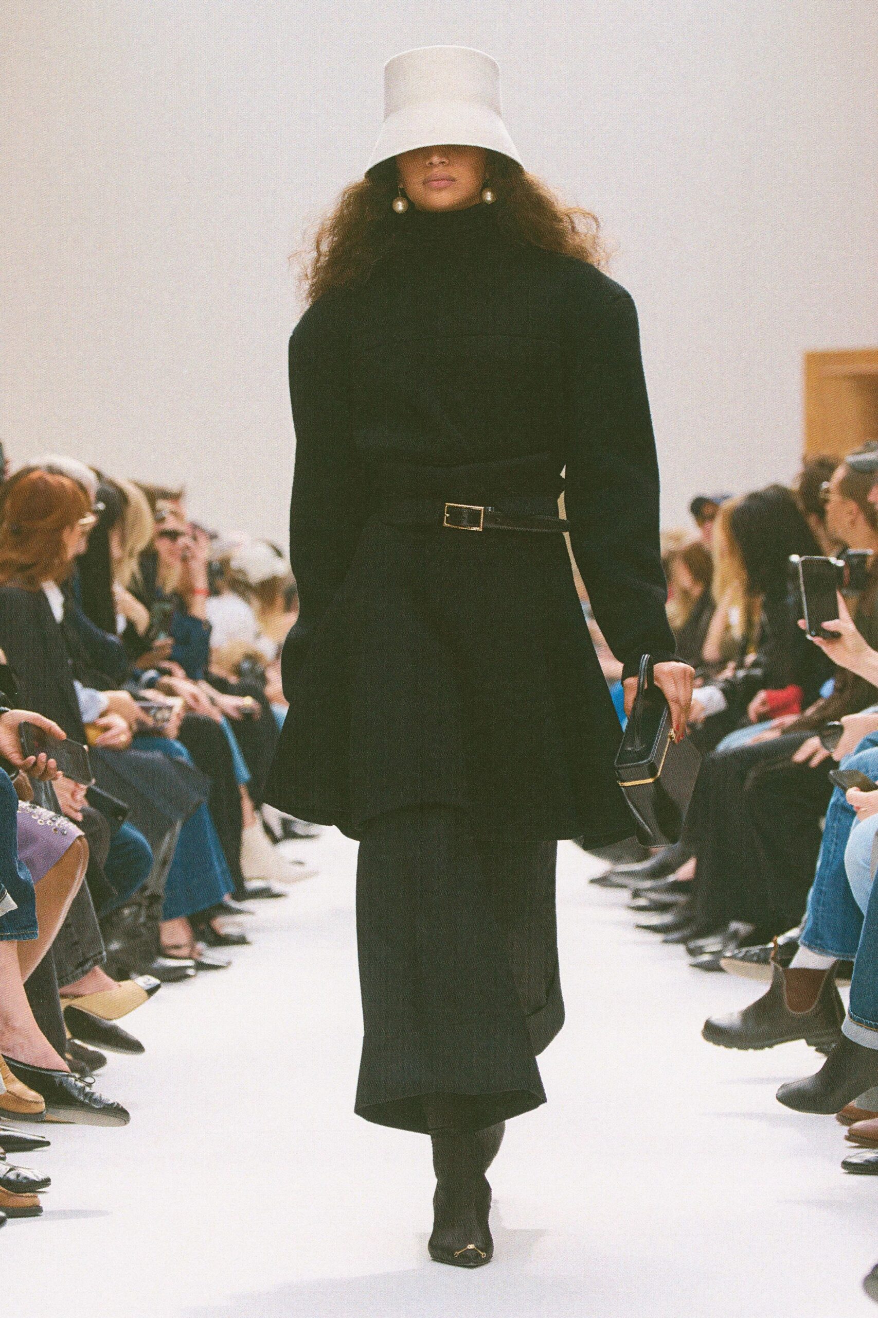 black wool long-sleeve high-neck fitted belted midi dress