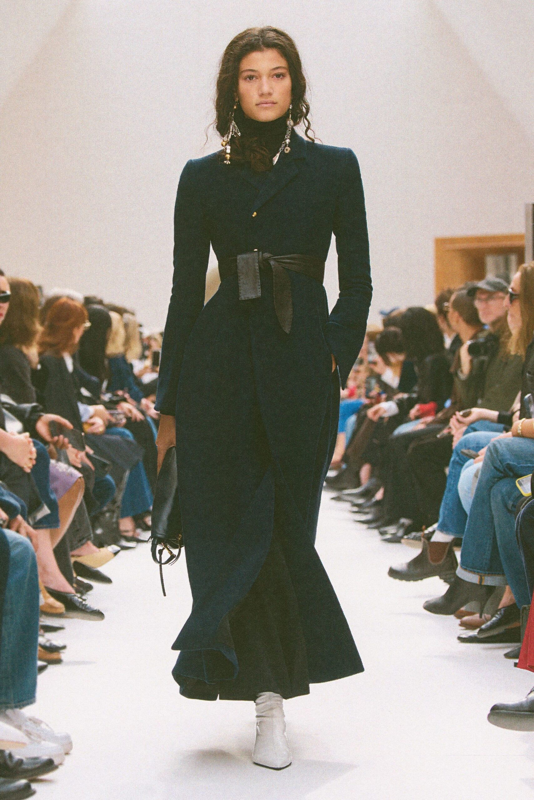 blue wool long-sleeve collared fitted belted flowing dress