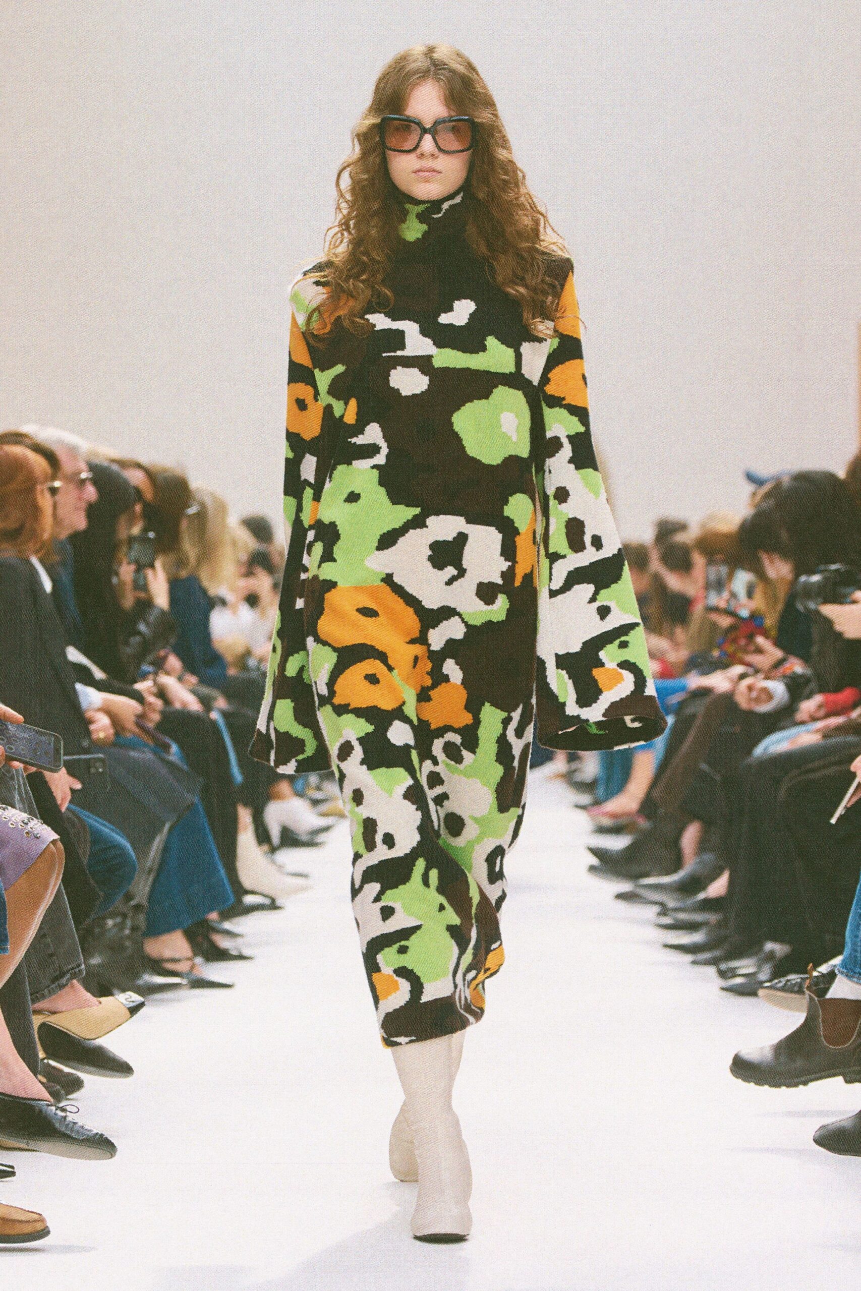 black wool long-sleeve high-neck relaxed printed midi dress
