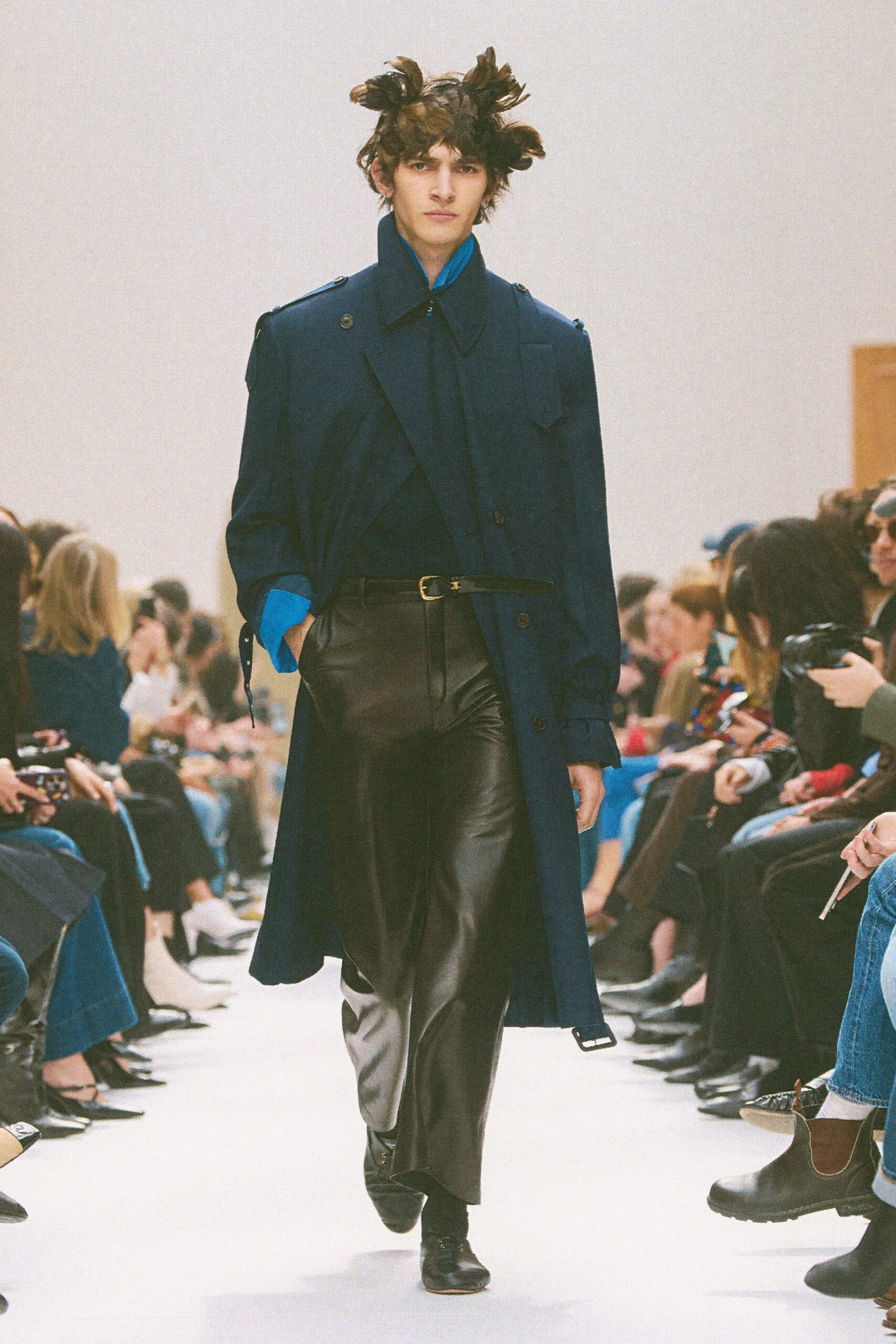 blue cotton long-sleeve collared relaxed buttoned coat