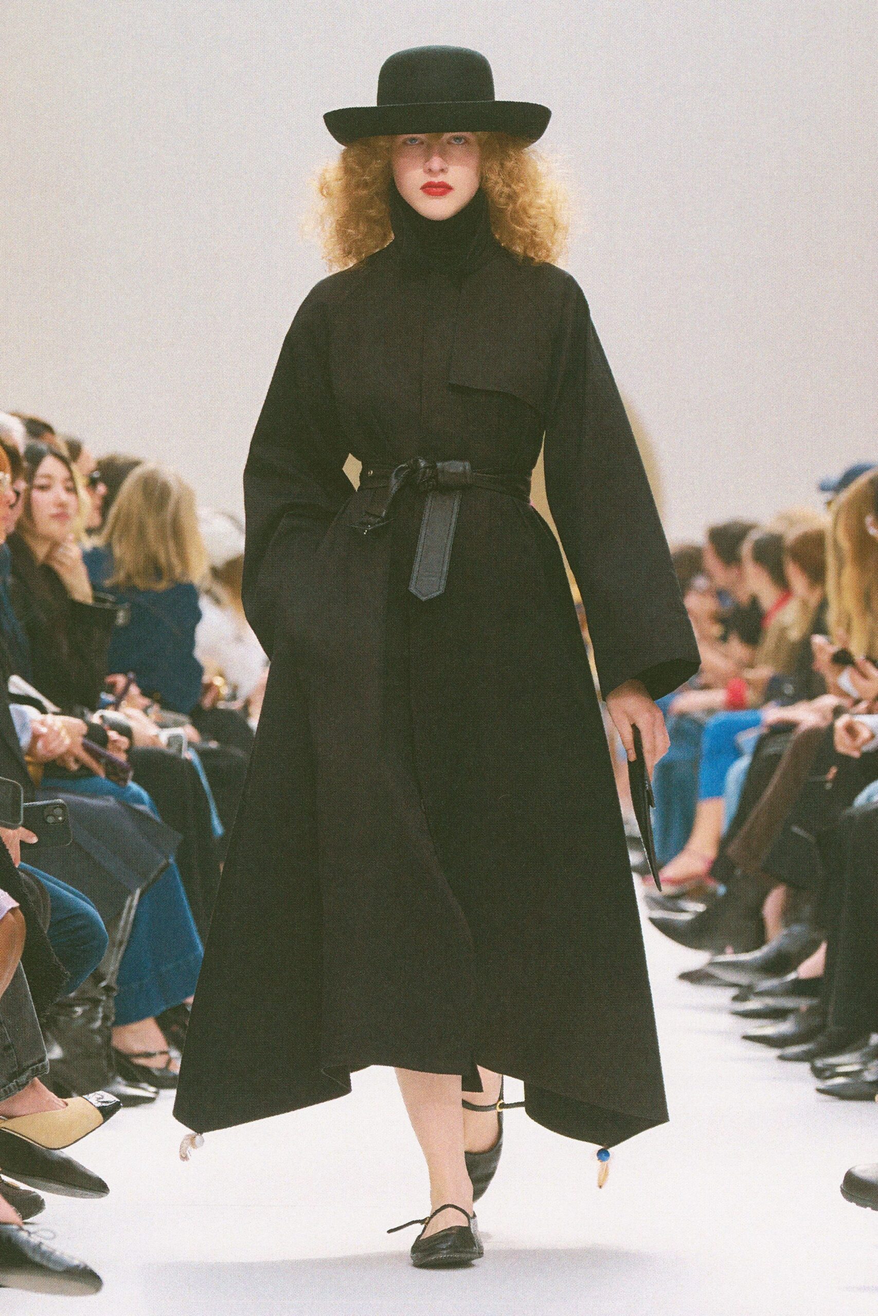 black wool long-sleeve high-neck fitted belted midi dress