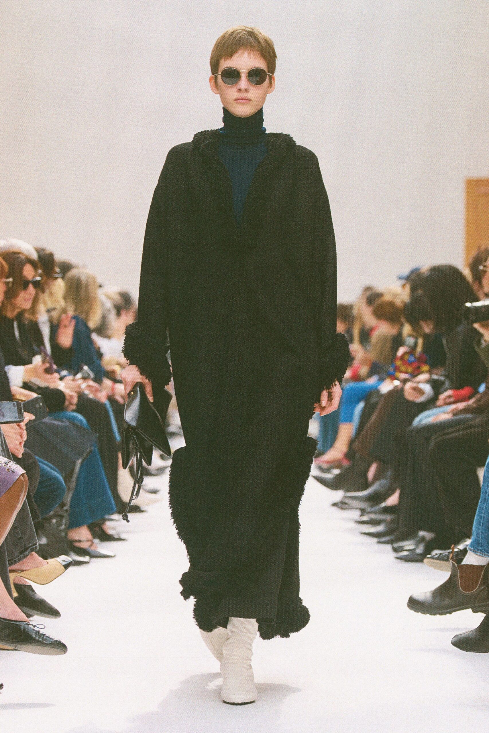 black wool long-sleeve high-neck relaxed draped maxi dress