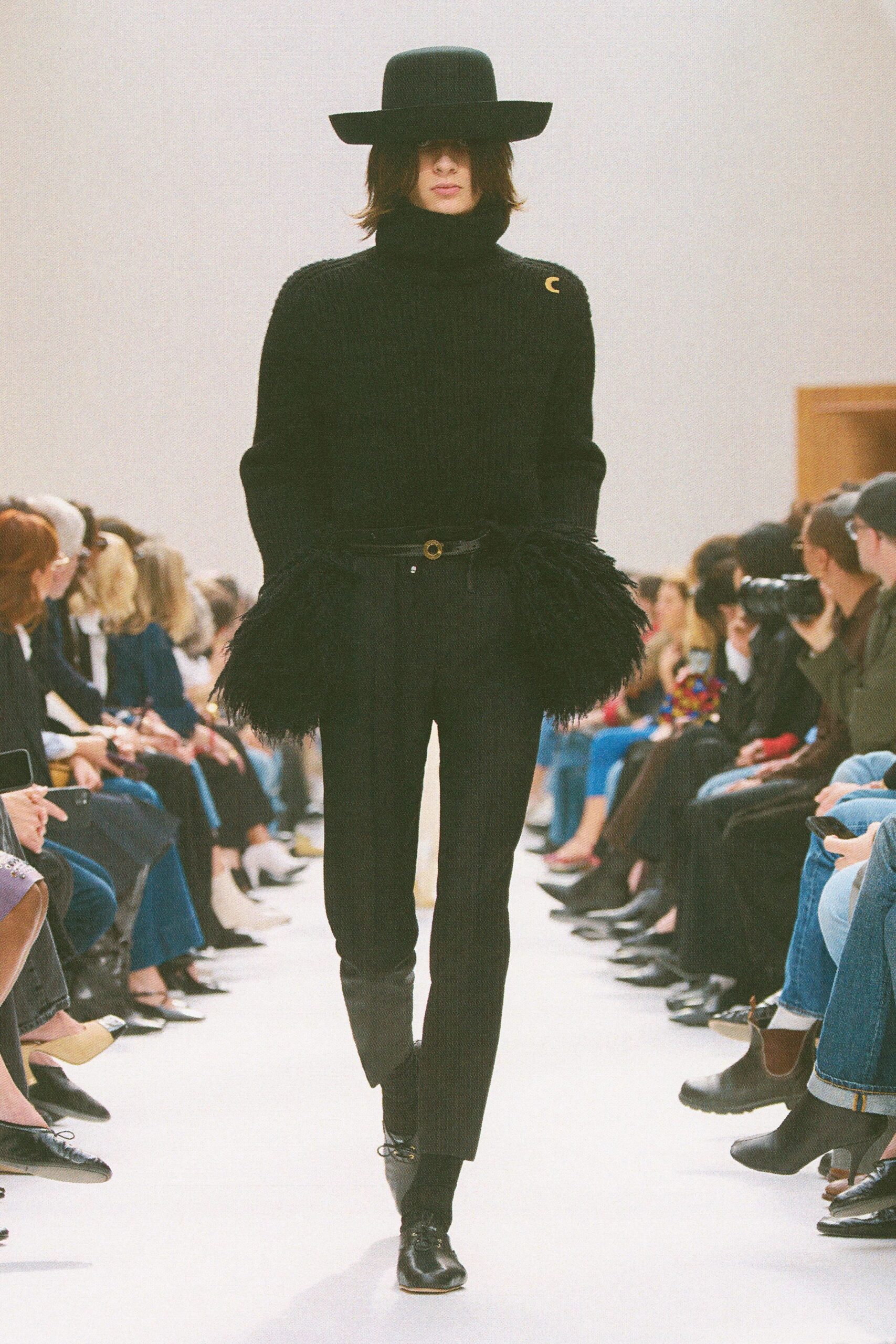 black wool long-sleeve high-neck fitted fringed sweater