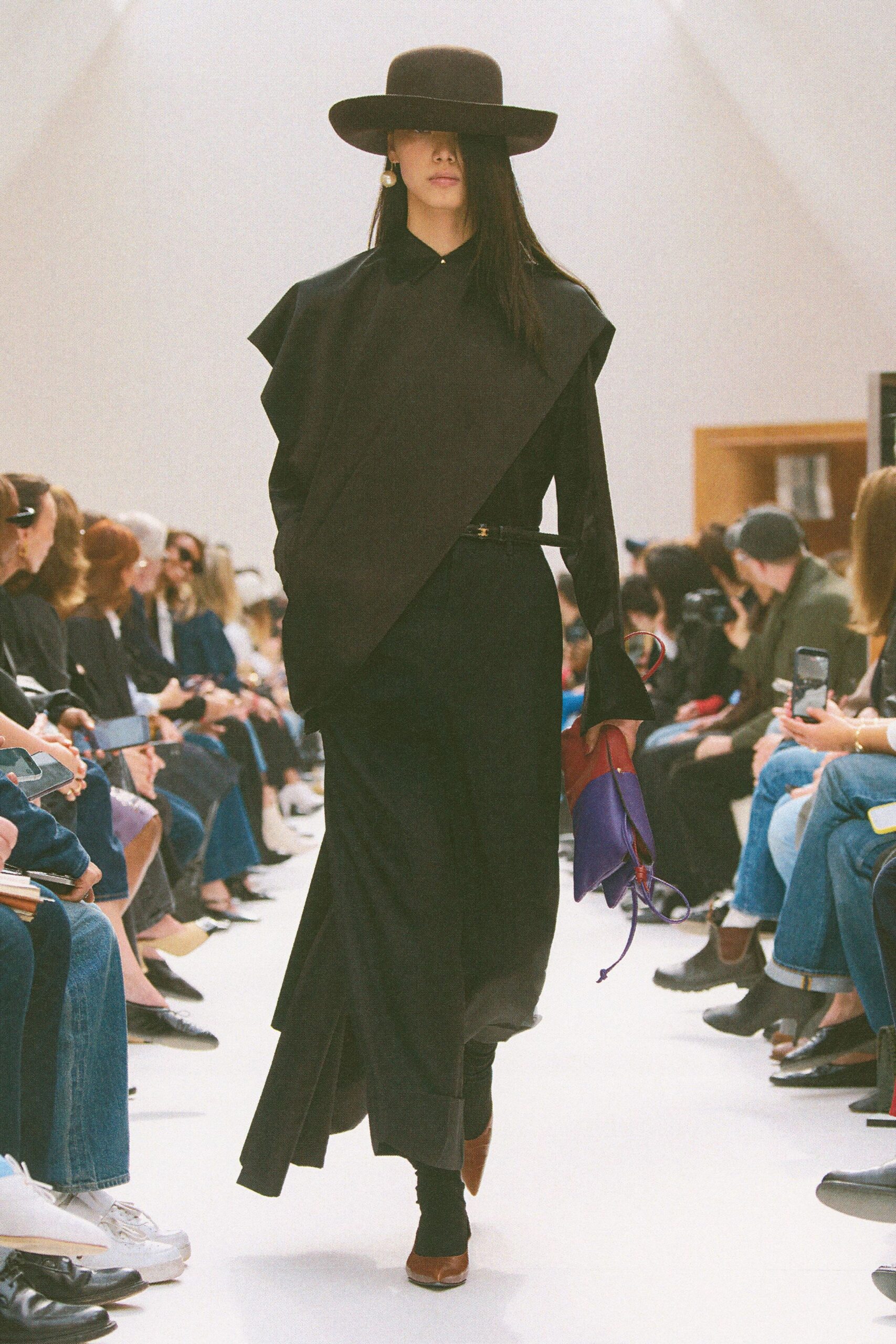 black asymmetric maxi dress with hat