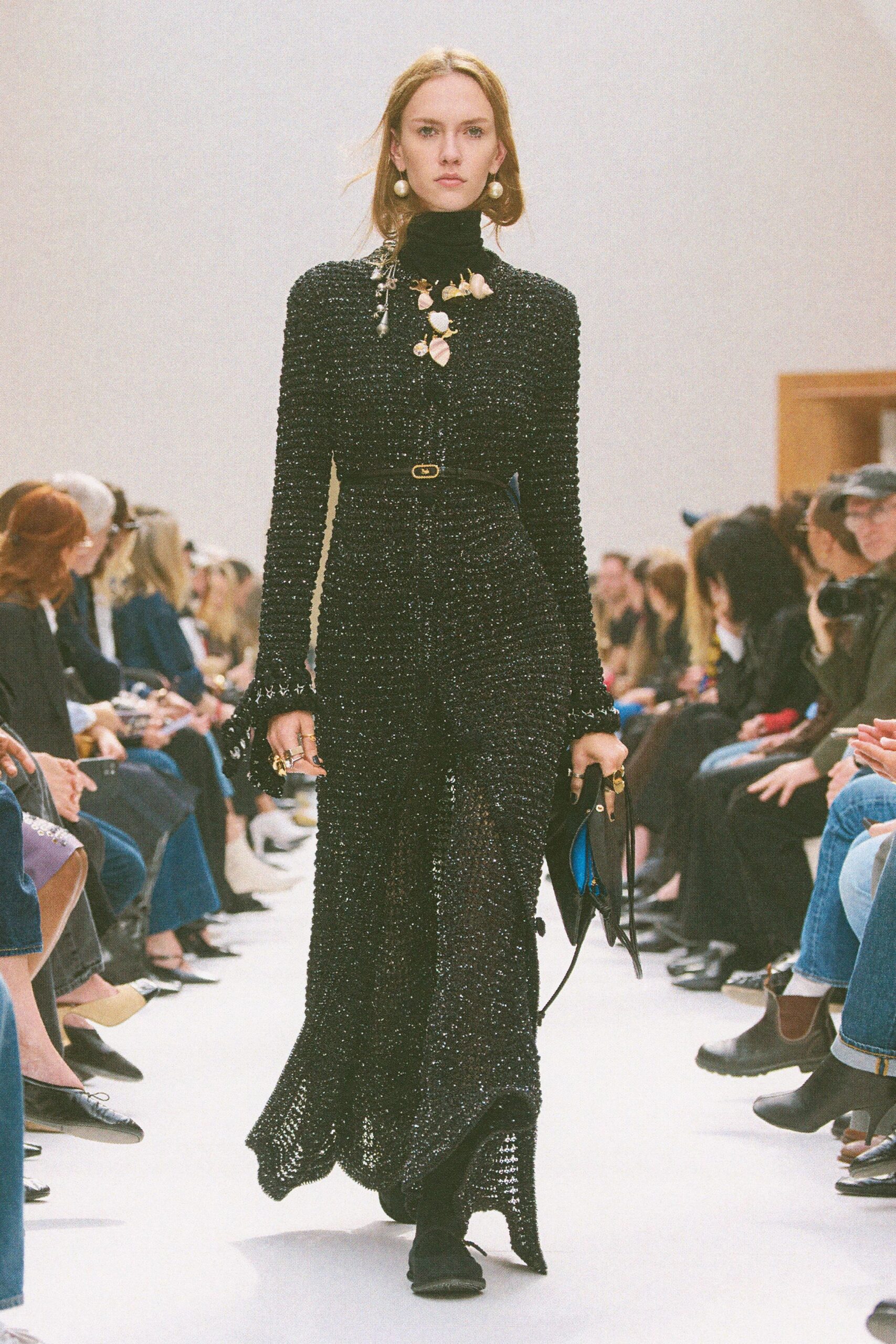 black cotton long-sleeve v-neck fitted tiered belted dress