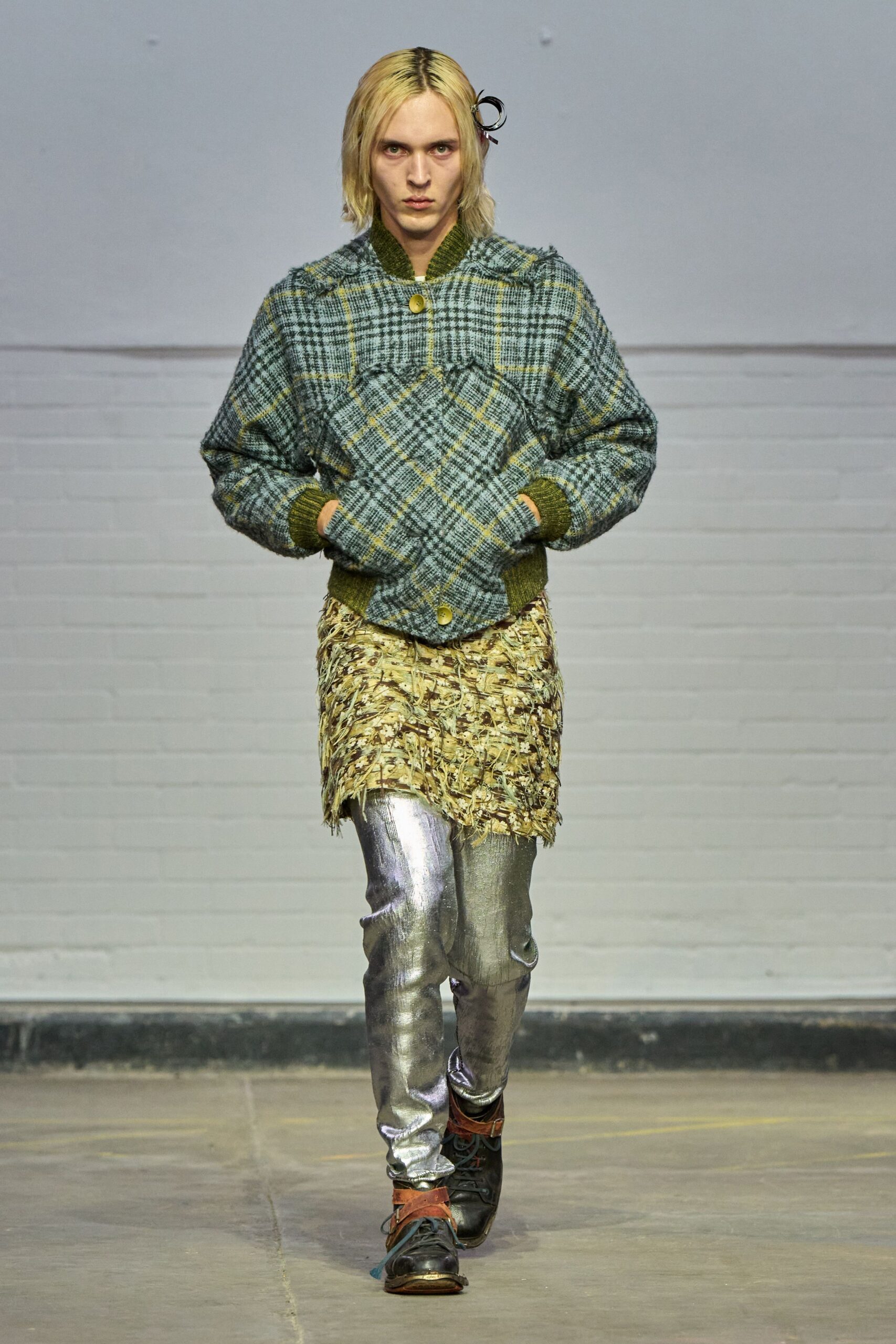 gray metallic slim straight-leg shiny pants