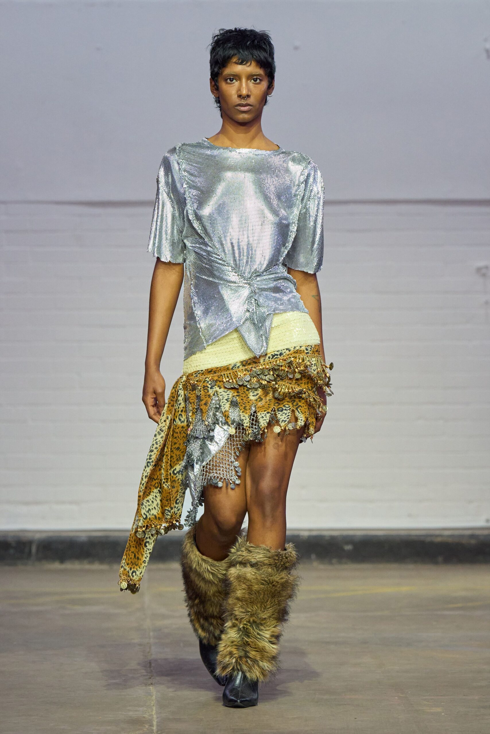 gray silk short-sleeve asymmetric fitted draped tiered dress