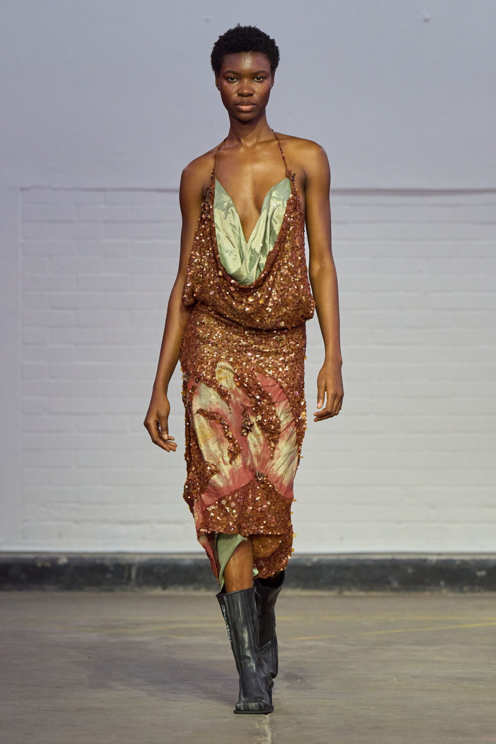 brown sequin sleeveless low-cut fitted draped flared dress