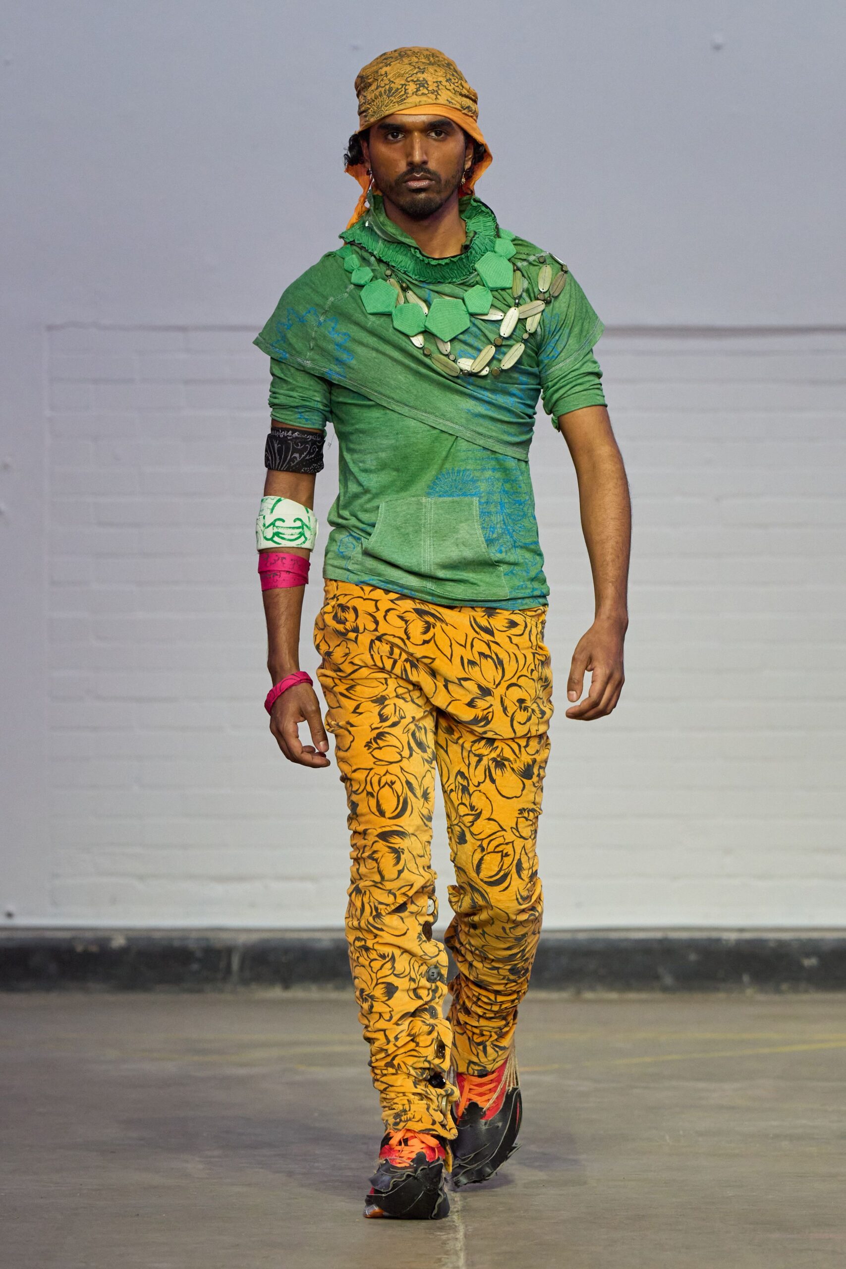orange cotton fitted flared printed pants