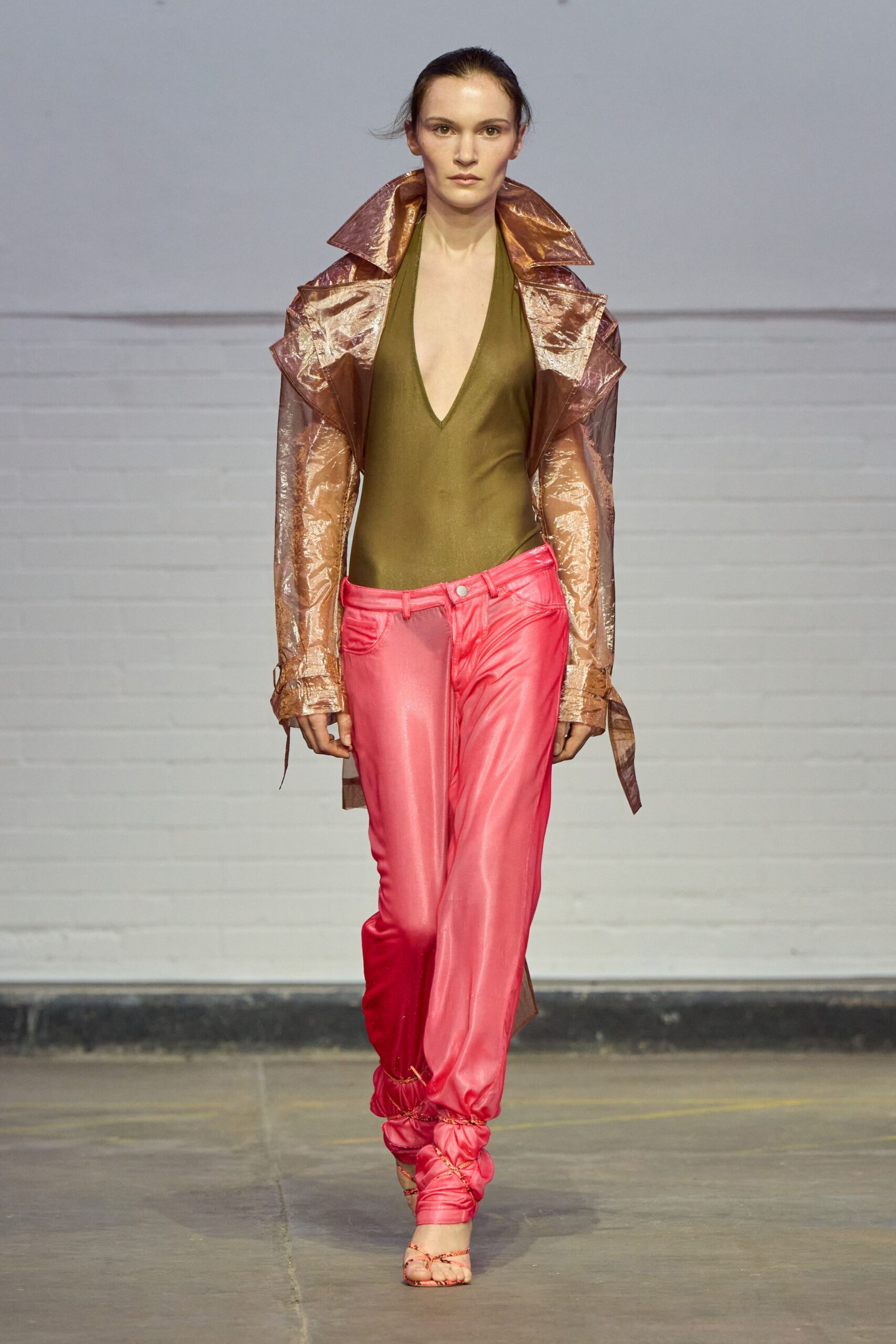 gold vinyl long-sleeve v-neck relaxed zippered shiny jacket