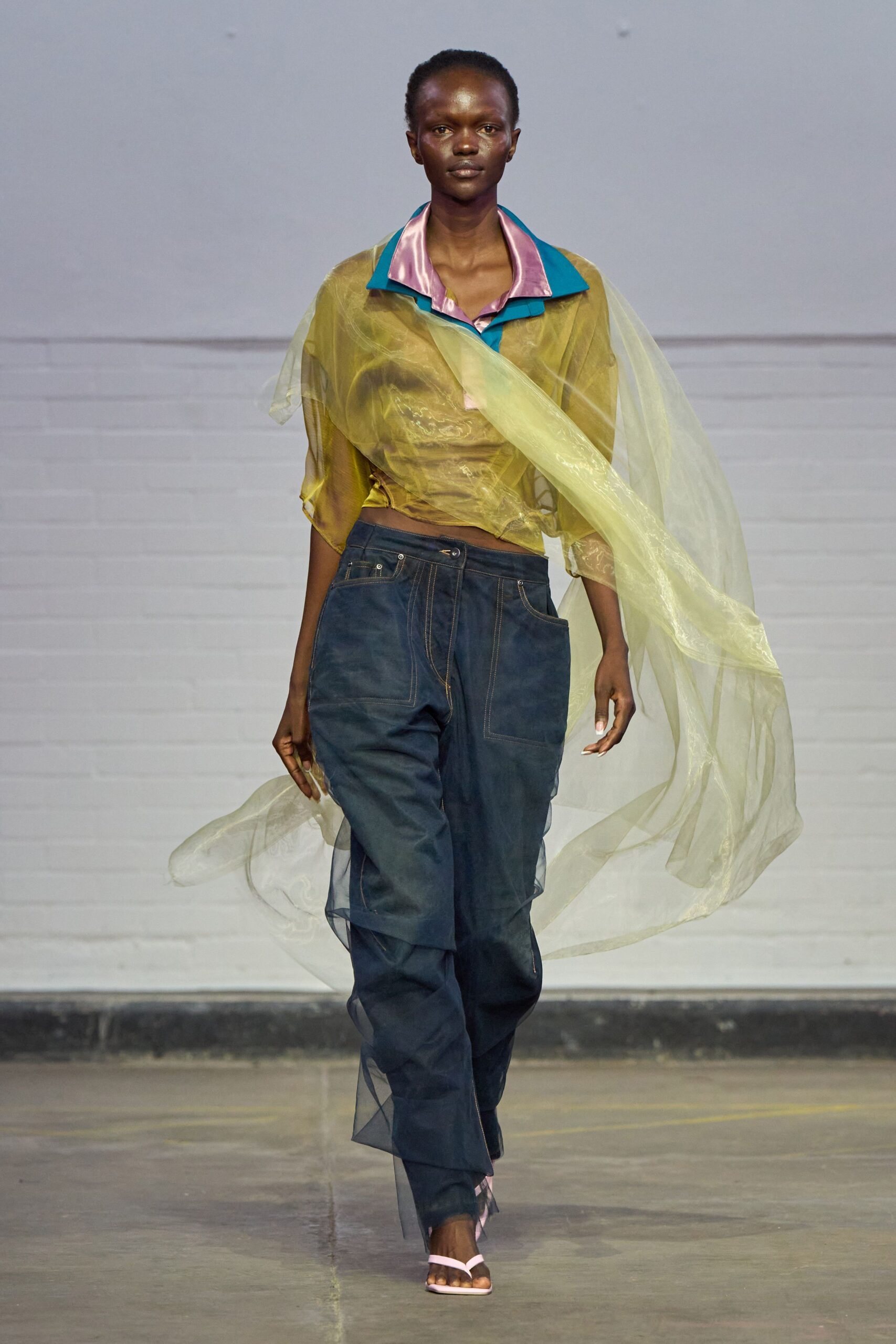 yellow chiffon sleeveless collared relaxed layered sheer top