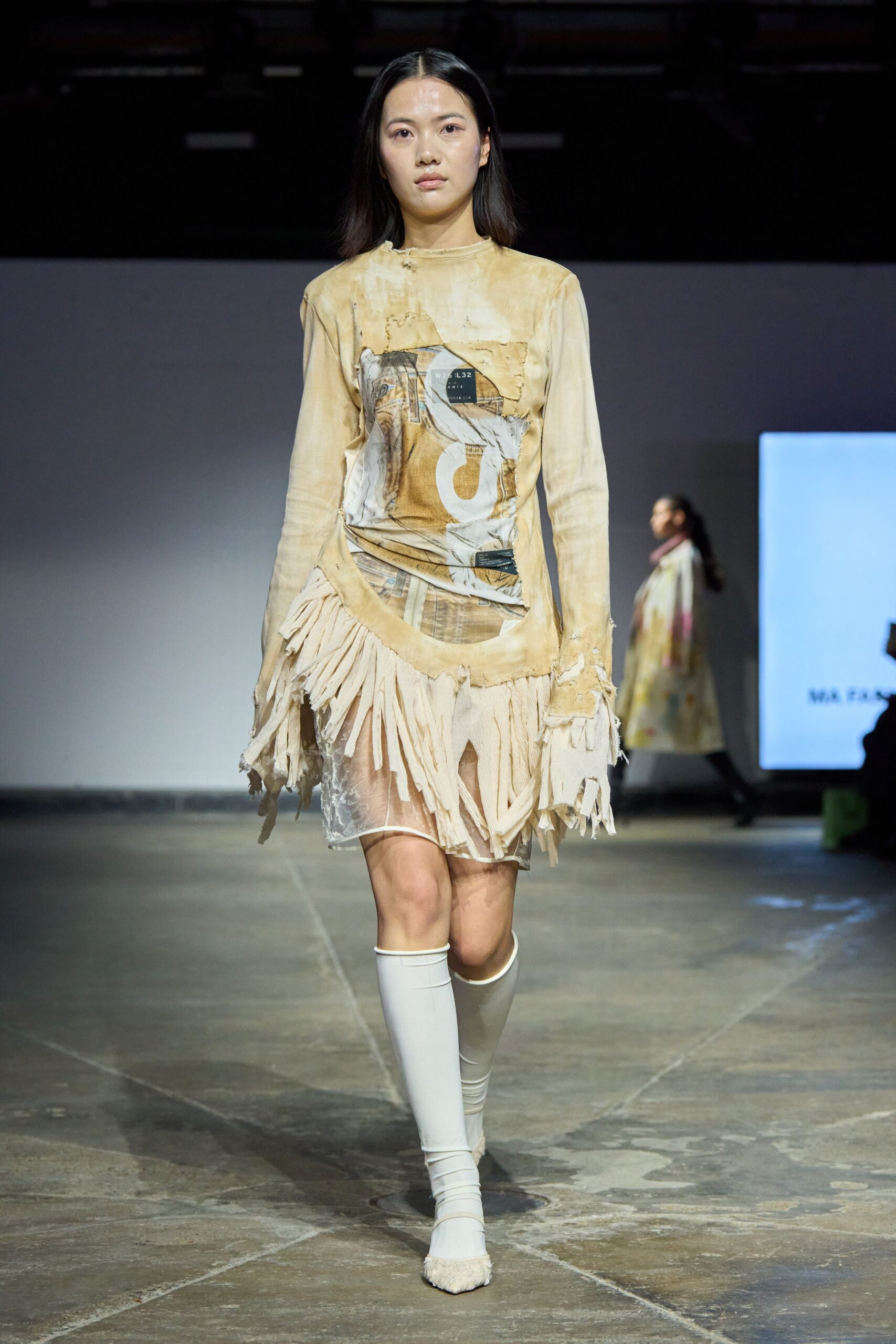beige cotton long-sleeve fitted fringed printed mini dress