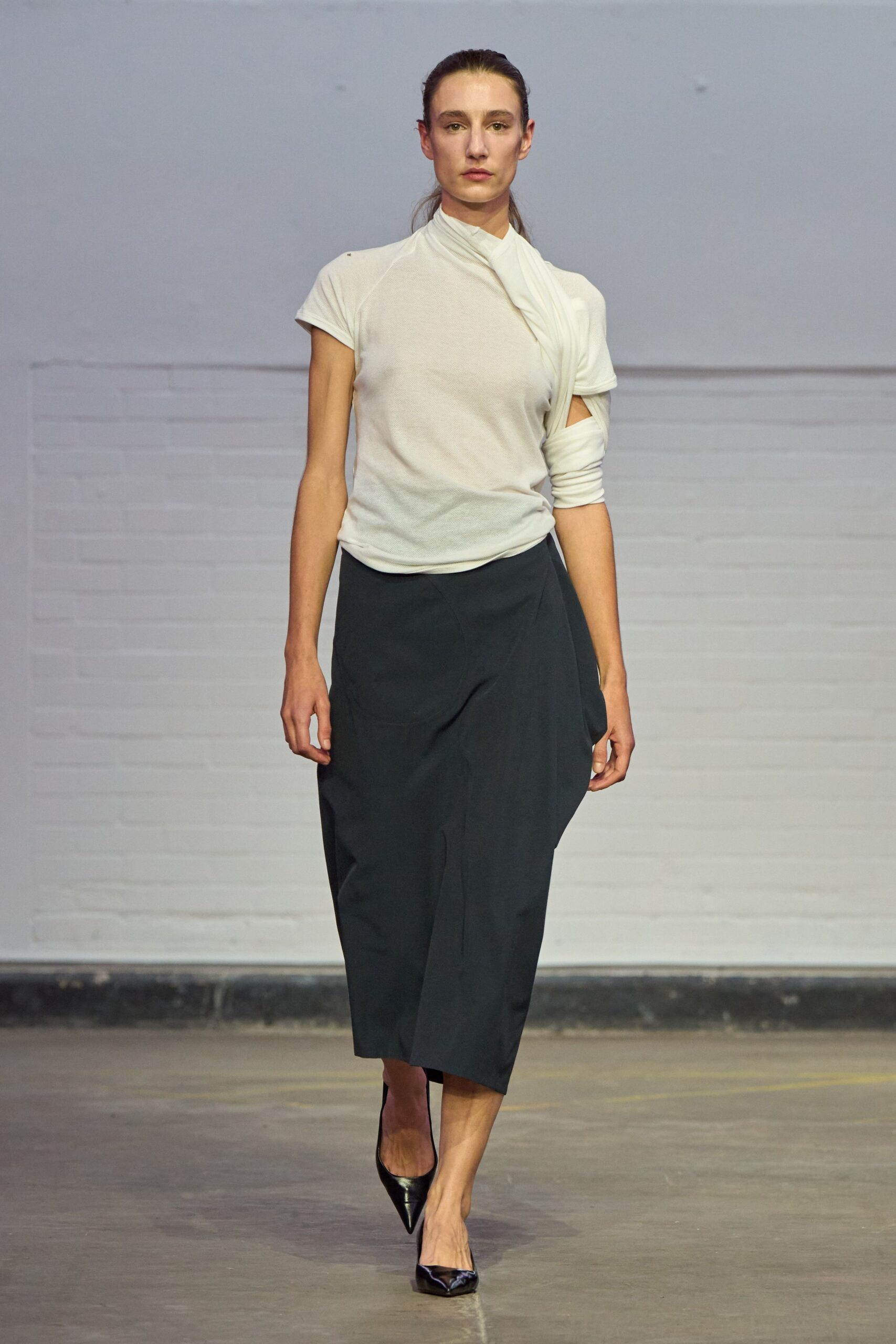 white cotton short-sleeve high-neck fitted top