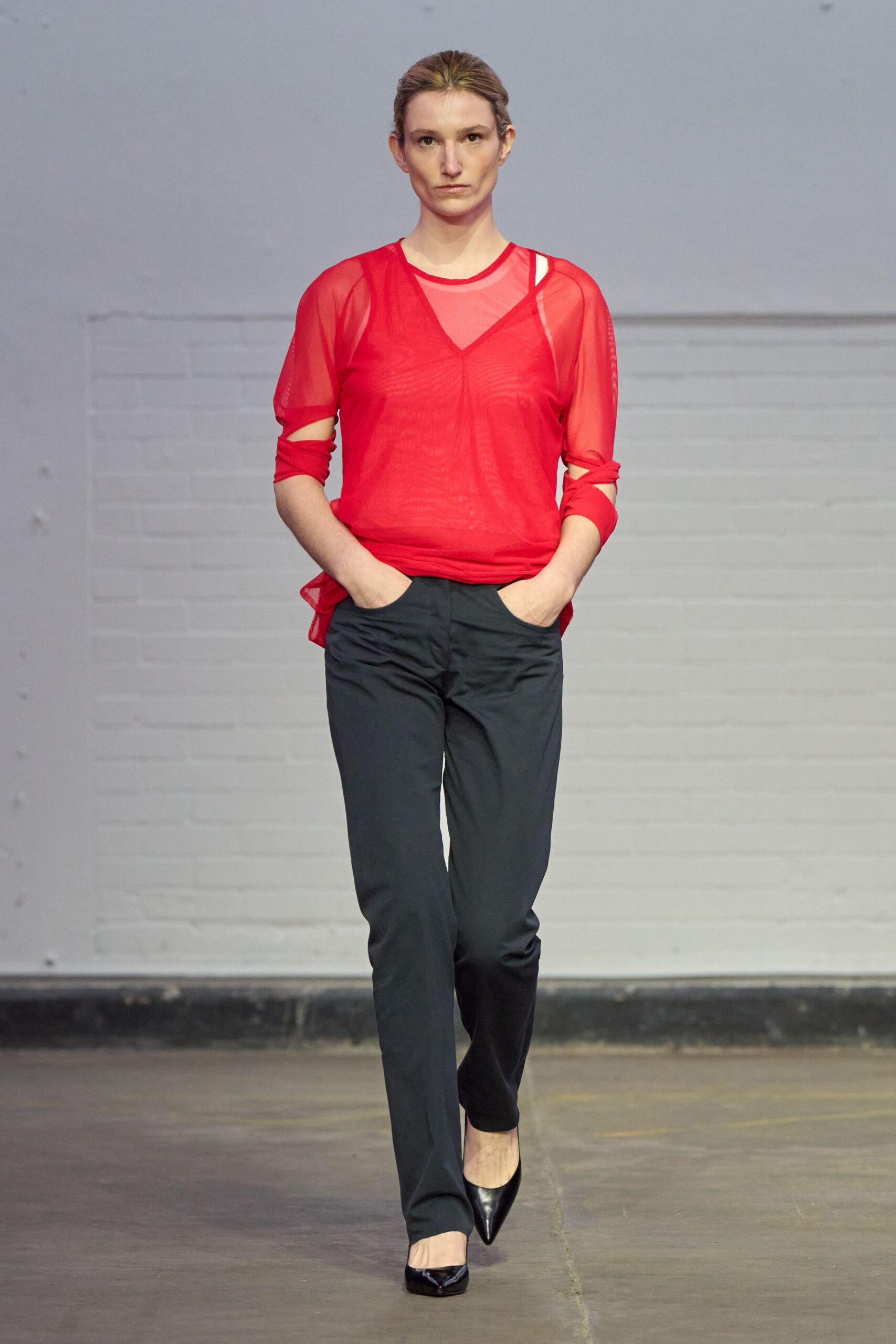 red silk long-sleeve v-neck fitted sheer top