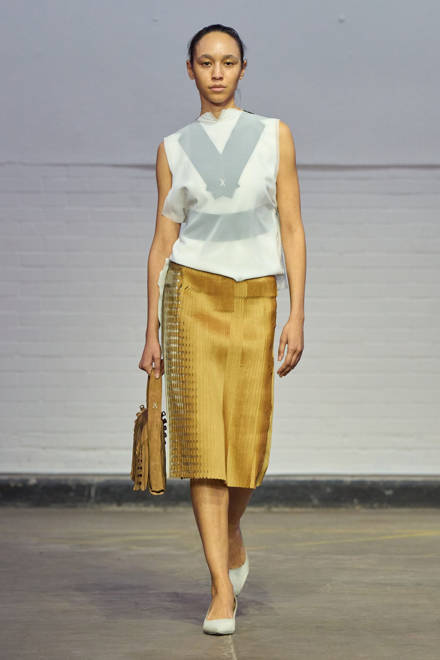 gold silk fitted pleated midi skirt
