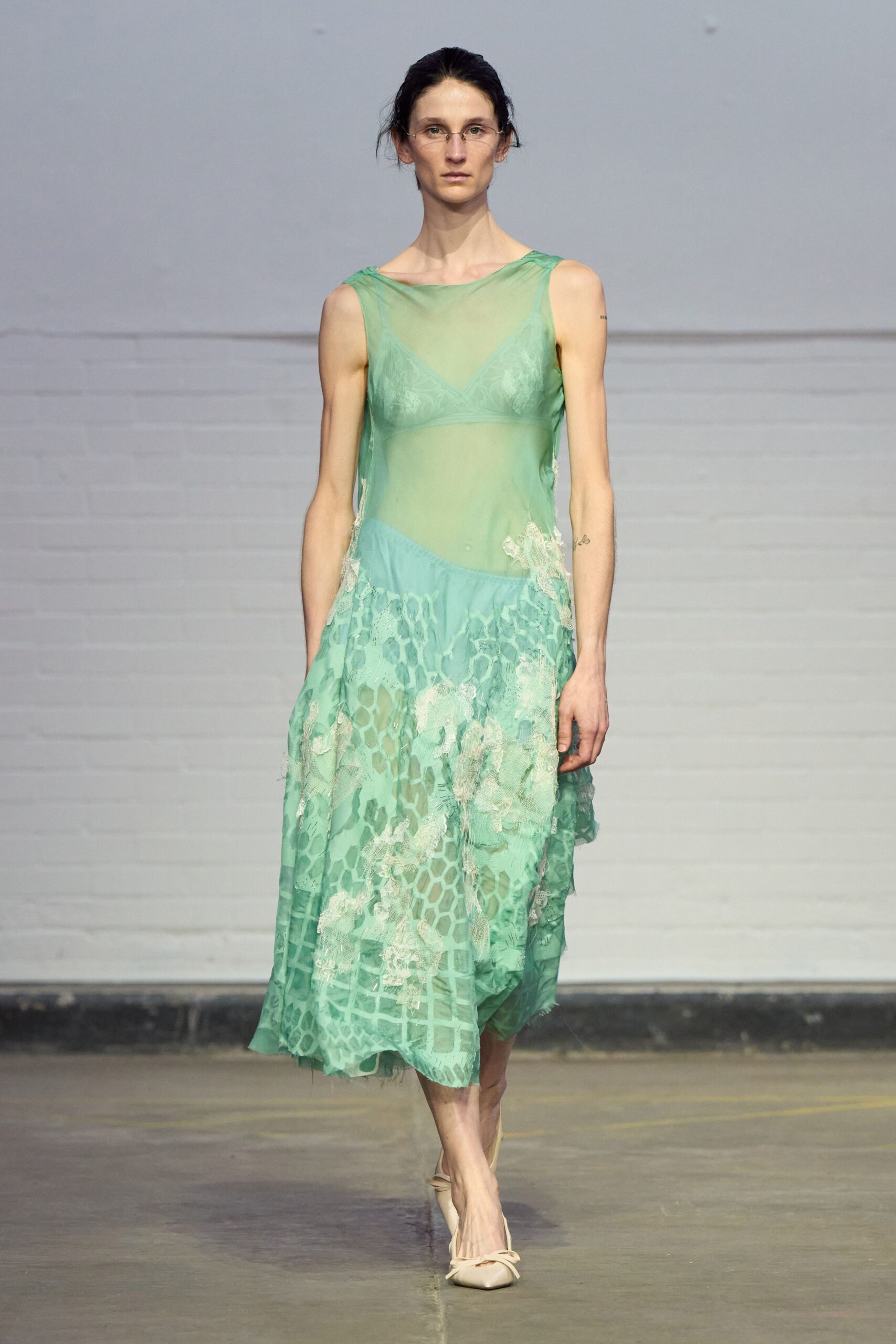 green silk sleeveless v-neck fitted layered embroidered dress